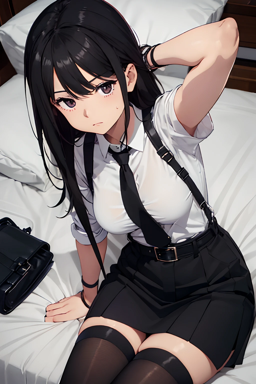 Suit,Collared shirt,Belt bag,Suspenders Black Miniskirt garterbelts knee high Stockings Black Niso Colorcon armpit sweat perspiring Side of both hands,Black jacket,Gaze,ample bosom,Armpit sweat,Exposing the armpits"Tight clothes、Cuffed、wristbands Lying on the bed Put your thumbs on your head