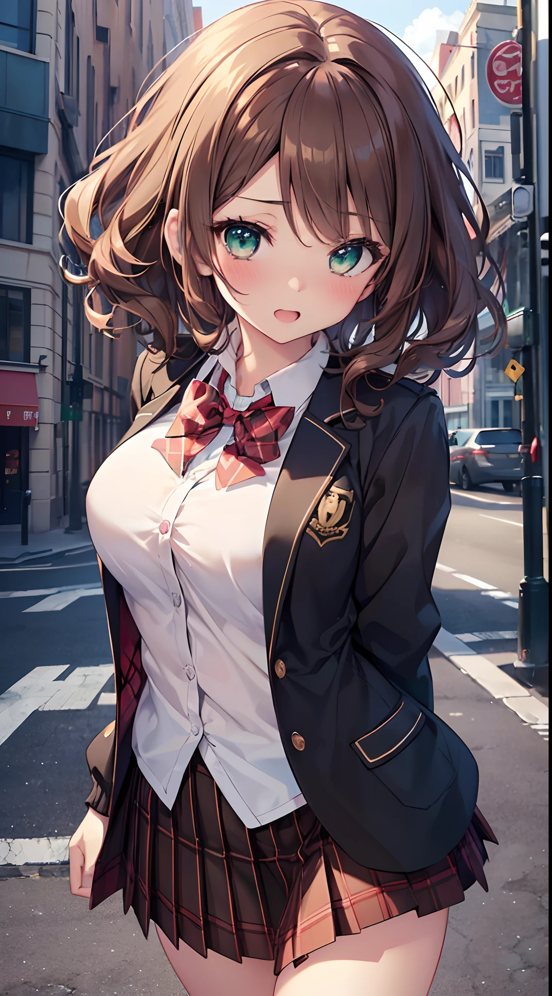 ((masutepiece, Best Quality, hight resolution, nffsw, Perfect Pixel, depth of fields, 4K, nffsw, nffsw))), 1girl in, Single, Solo, Beautiful anime girl, Beautiful Art Style, Anime Character, ((Long hair, Bangs, dark brown hair, Curly hair:0.8)), ((Green eyes:1.4, Detailed eyes, Beautiful eyes, Perfect eyes,Curly eyelashes, Realistic eyes)), ((Detailed face, Blushing:1.2)), ((Smooth texture:0.75, Realistic texture:0.5, Anime CG style)), medium breasts, Dynamic Angle, busty, Perfect body, Dynamic Pose, ((red bowtie, School uniform, Black jacket, Open jacket, Brown cardigan, White shirt, Black skirt, plaid skirts)), Smile, Open mouth, arms behind back, Leaning forward, Amulment Park, ((close up, POV, Cute, Shoot in the face))