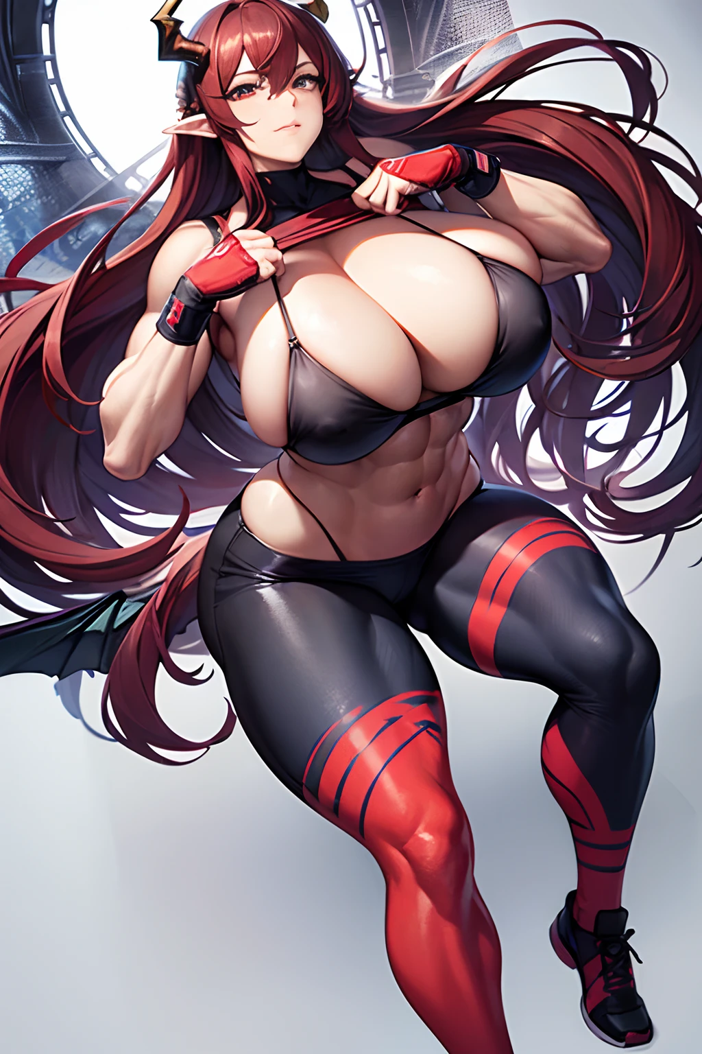 dragon woman (horns, tail, wings), long red hair, red eyes, Fitness bra, fitness pants, dragon horns (tail wings), full body, very_beautiful_sexy_combatant_feminine girl_very expensive_Long_legs_giant breasts_bodybuilder with ripped breasts_ripped muscles_Curvy_leg_above average muscles_swollen glutes_perfect veins_body, skin irregular white, (NSFW:0.7 ), 1girl, Curvy_Muscles, (very_big_chest: 4), (big_breasts: 4), (giant_breasts: 4), (disproportionate_giant_breasts: 4), Bigger_breasts_than_Muscle, defined muscles, ultrafeminine muscles_Above average_muscles, huge_breasts, complete_body , using up to 5/7 centered screen width