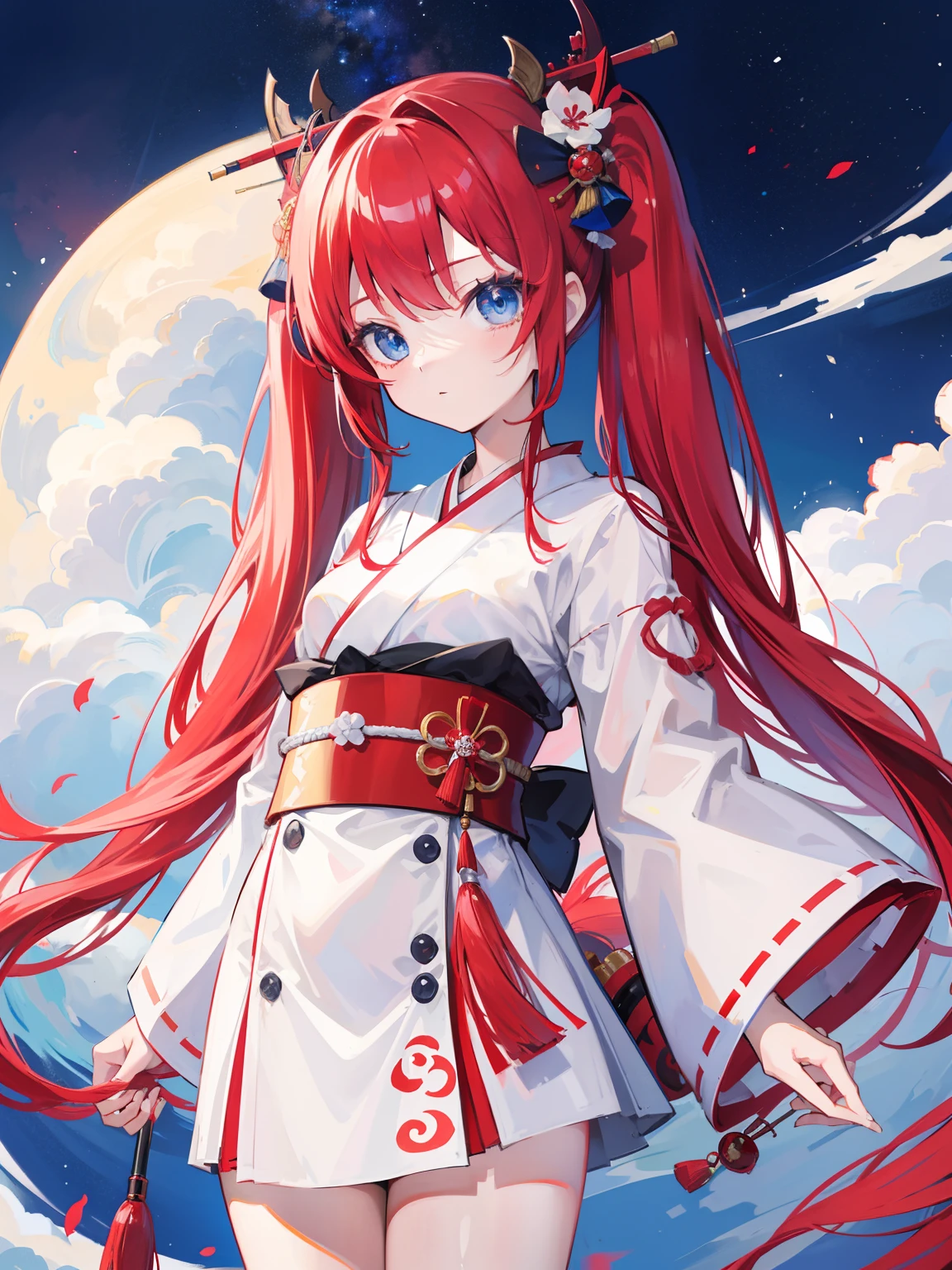 red hair,blue eyes,twintails,Wafuku,Geisha,loli,solo,long hair,Japanese,{{best quality}}, {{masterpiece}}, {{ultra-detailed}}, {illustration}, {detailed light}, {an extremely delicate and beautiful}, girl,cute,