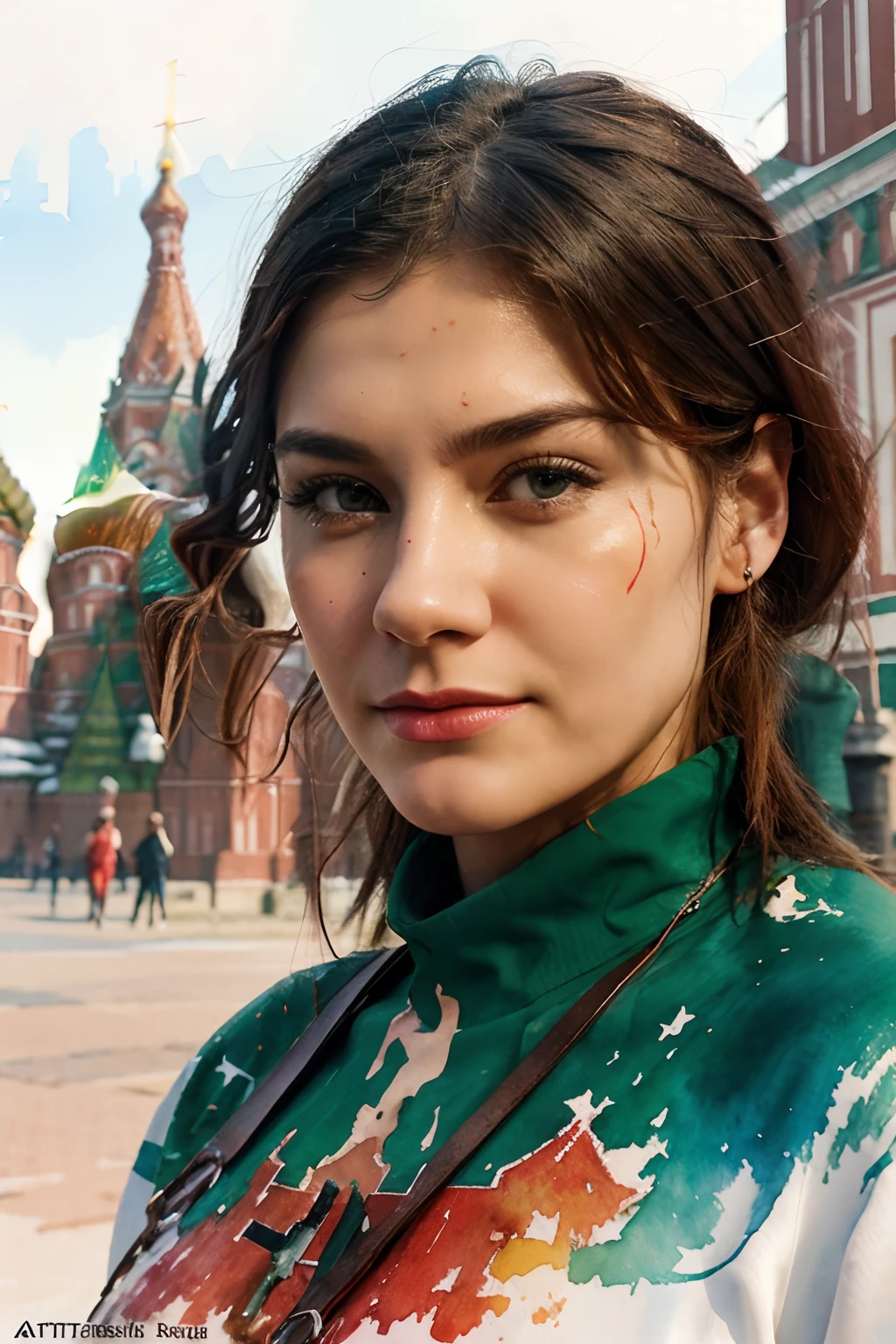 wtrcolor style, digital arts (Urban character Red Square in Moscow), official arts, front, Masterpiece, Beautiful, ((watercolour)), face painting, ink splash, intricate details. Very detailed green Sber Bank logo, [drip:0.5], trend in artstation, Rachel Walker