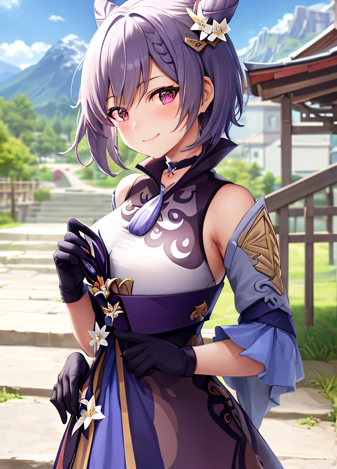 keqingdef, upper body, smile, blush, outdoors, day, simple background, blue sky, short hair, sky, temple, looking at viewer, stairs, mountain, moody lighting, facing viewer,