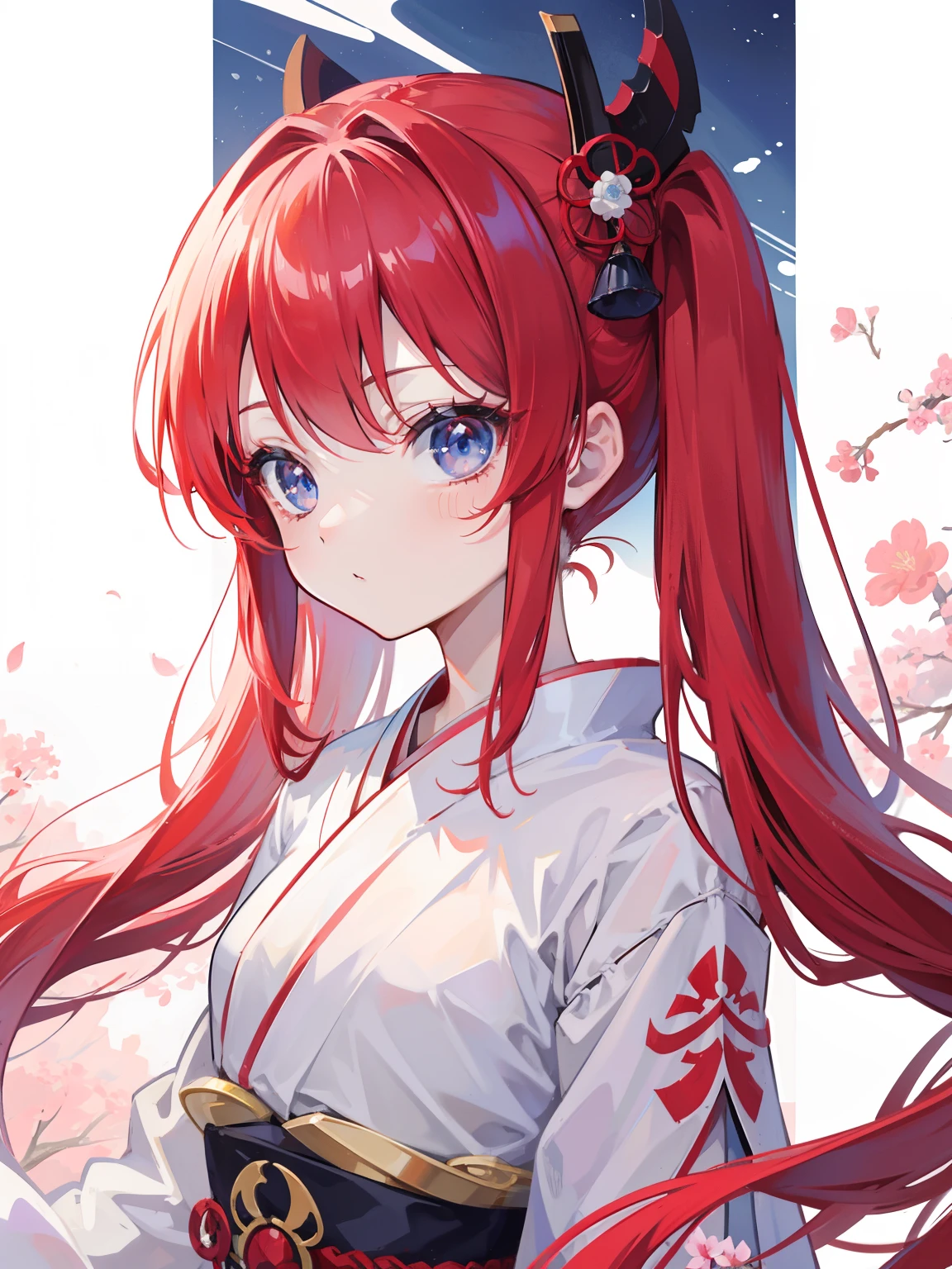 red hair,blue eyes,twintails,Wafuku,Geisha,loli,solo,long hair,Japanese,{{best quality}}, {{masterpiece}}, {{ultra-detailed}}, {illustration}, {detailed light}, {an extremely delicate and beautiful}, girl,cute,