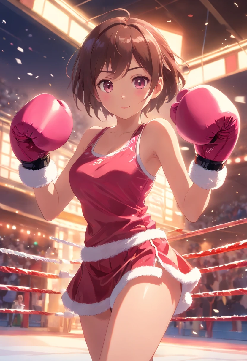 Cute girl in Santa Claus dress with pink boxing gloves belly exposed with miniskirt