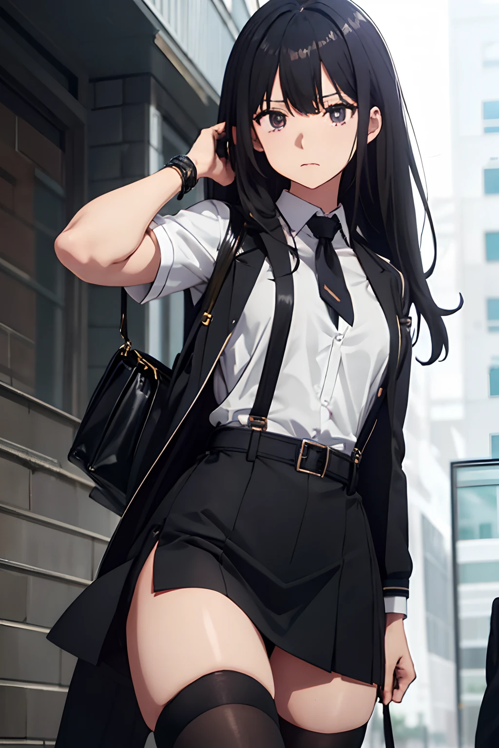 Suit,Collared shirt,Belt bag,Suspenders Black Miniskirt　garterbelts　knee high　Stockings　Black Niso　Colorcon armpit sweat　perspiring　Side of both hands,Black jacket,Gaze,ample bosom,Armpit sweat,Exposing the armpits"Tight clothes、Cuffed、wristbands