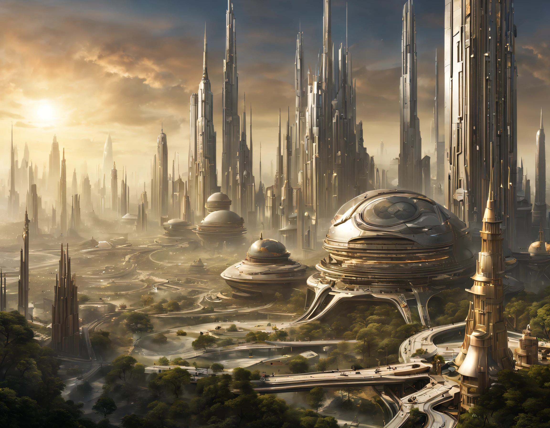 On an unknown planet lies a futuristic fantasy city with immense buildings of technological design (que forman una avenida infinita), con estructuras acristaladas en plata, oro y bronce espectaculares, (con colores vivos). pavimento ensolado (sin brillo). gente paseando. (similar a coruscant de star wars). imagen bien definida con muchos edificios juntos. imagen nitida bien definida 8k. los edificios llegan alta el fondo.
