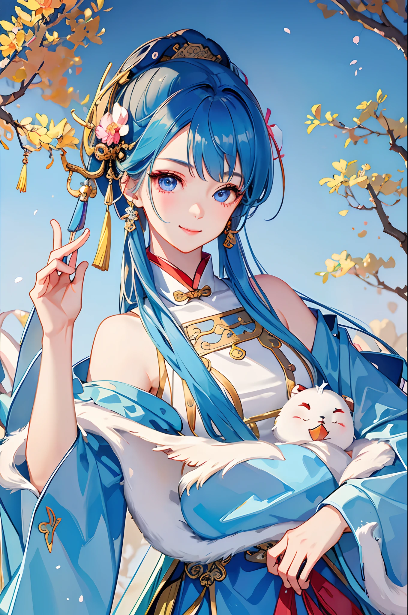 Best quality, full bodyesbian, A high resolution, Wuxia 1girl, china dress, Super beautiful face, super beautiful eye, Super beautiful hair Super beautiful face,Super beautiful eyes,Super beautiful hair,Smiling face,One guy,White bird in background,Sword dance。