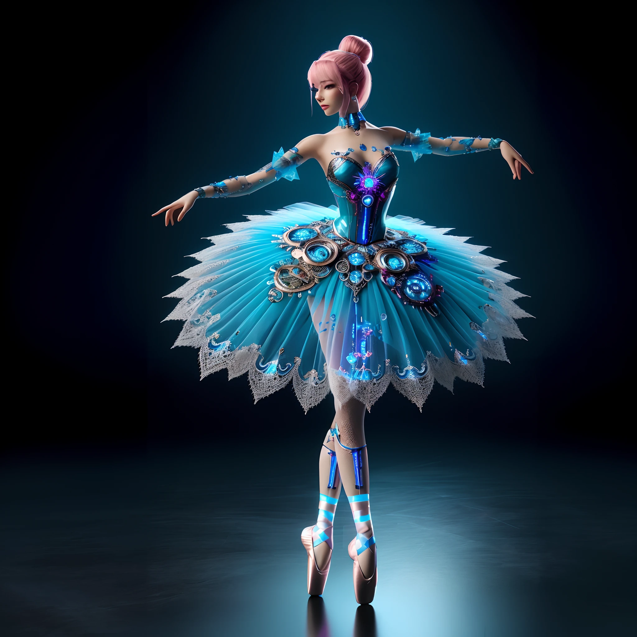 arafed woman in a blue dress and a pink hair is posing, stunning 3d render of a fairy, artificial intelligence princess, an image of a beautiful cyborg, beauty woman in holograms, ballet dancer, stuning fantasy 3 d render, barbie cyborg, cyborg goddess in cosmos, tutu, ballerina, fashionable futuristic woman, prima ballerina, beautiful cyborg angel girl