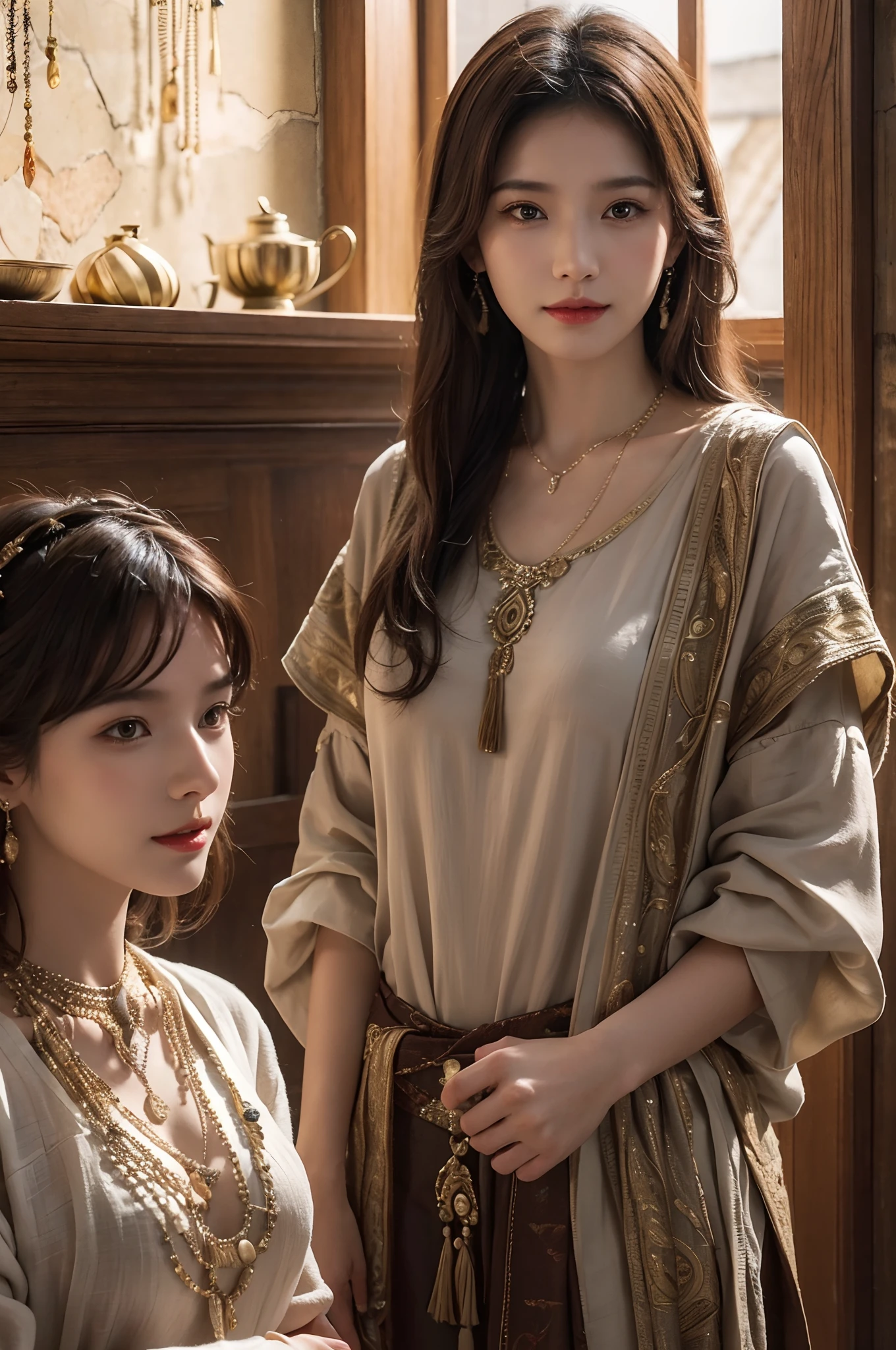 The proportions are the same for all races, All faces and pictures must be different, high quality, ultra-realistic, closeup portrait of two Beautiful women of ancient Mesopotamia,leering:1.4,dynamic pose, ancient Mesopotamian civilization, Babylonia, Uruk, tunics of various lengths, linen garments, agate necklaces,translucent paisley clothing, Kaunakes, bronze ware, a little smile, high adobe walls, luminism, 3d render, octane render, cinematic, Isometric, awesome full color, 8K Ultra HD, by yukisakura, high detailed,