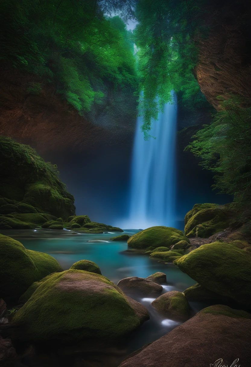 Imagine a world where emerald-green forests stretch endlessly, their towering trees adorned with bioluminescent foliage that casts a soft, otherworldly glow. In the distance, colossal waterfalls cascade from floating islands, their crystal-clear waters sparkling like liquid diamonds. The sky above is a mesmerizing blend of deep purples, pinks, and golds, with two moons hanging in perfect harmony. Strange, iridescent creatures with wings like stained glass flit through the air, leaving trails of shimmering dust in their wake. A sense of enchantment and mystery permeates this surreal landscape, inviting exploration and adventure. Describe the intricate details of this magical world.