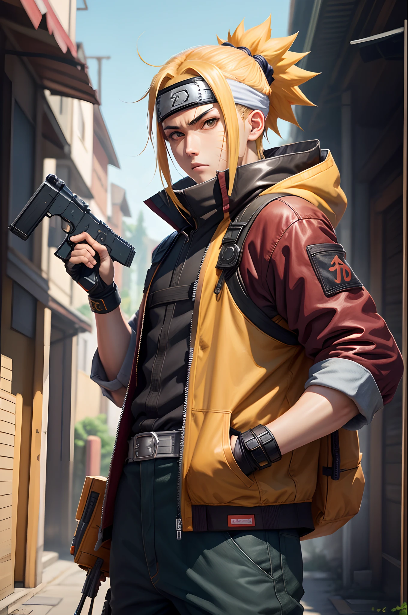 Create an artwork where the main character is Naruto with shooting game outfit written HOKAGE FPS
