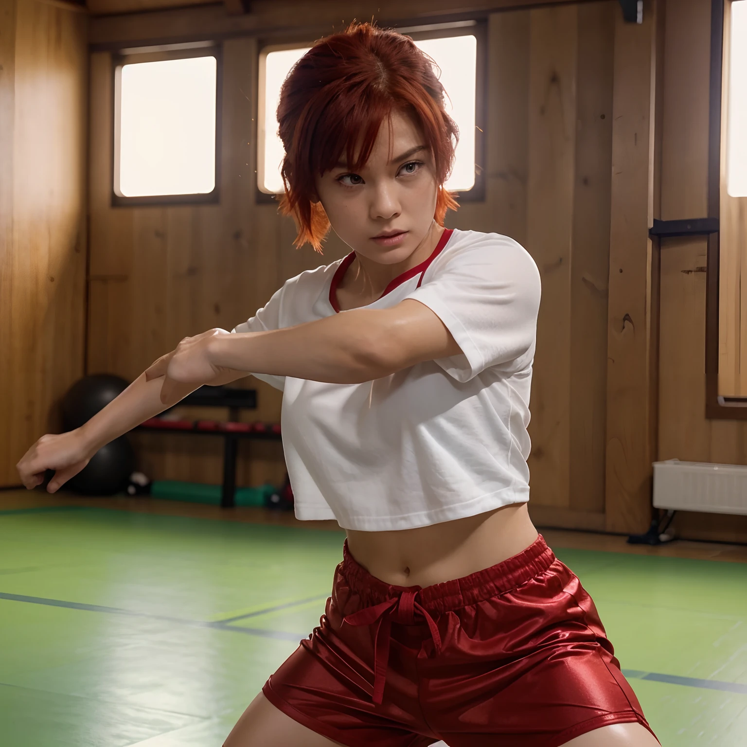 Visualize a character inspired by Ranma Saotome from 'Ranma 1/2.' She's a short, red-haired martial artist with an athletic, well-toned body. In a martial arts dojo, she's wearing comfortable gym shorts and a loose t-shirt. With intense focus, she practices her swift kicks and techniques, her short red hair glistening with sweat as she perfects her moves. The atmosphere is charged with determination and energy as she hones her martial arts skills