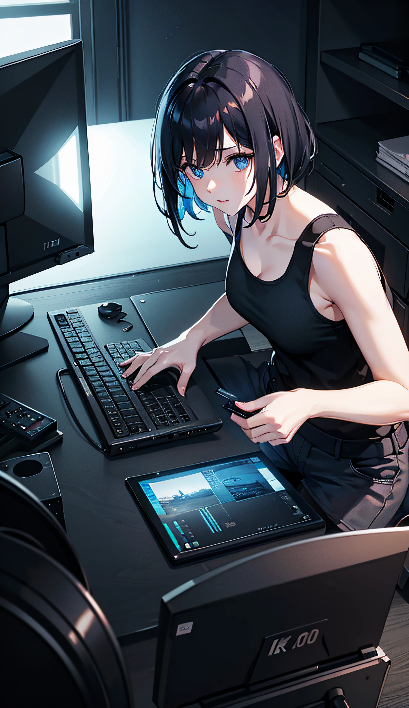 (photo Aesthetic , wallpaper ,8k), (masterpiece, vibrant, best Quality), 1 adult woman, solo, short black hair, Messy hair , blue eyes, tank top, black Jacket, shorts, Playing games, (lighting from a computer), (high angle), indoor, night