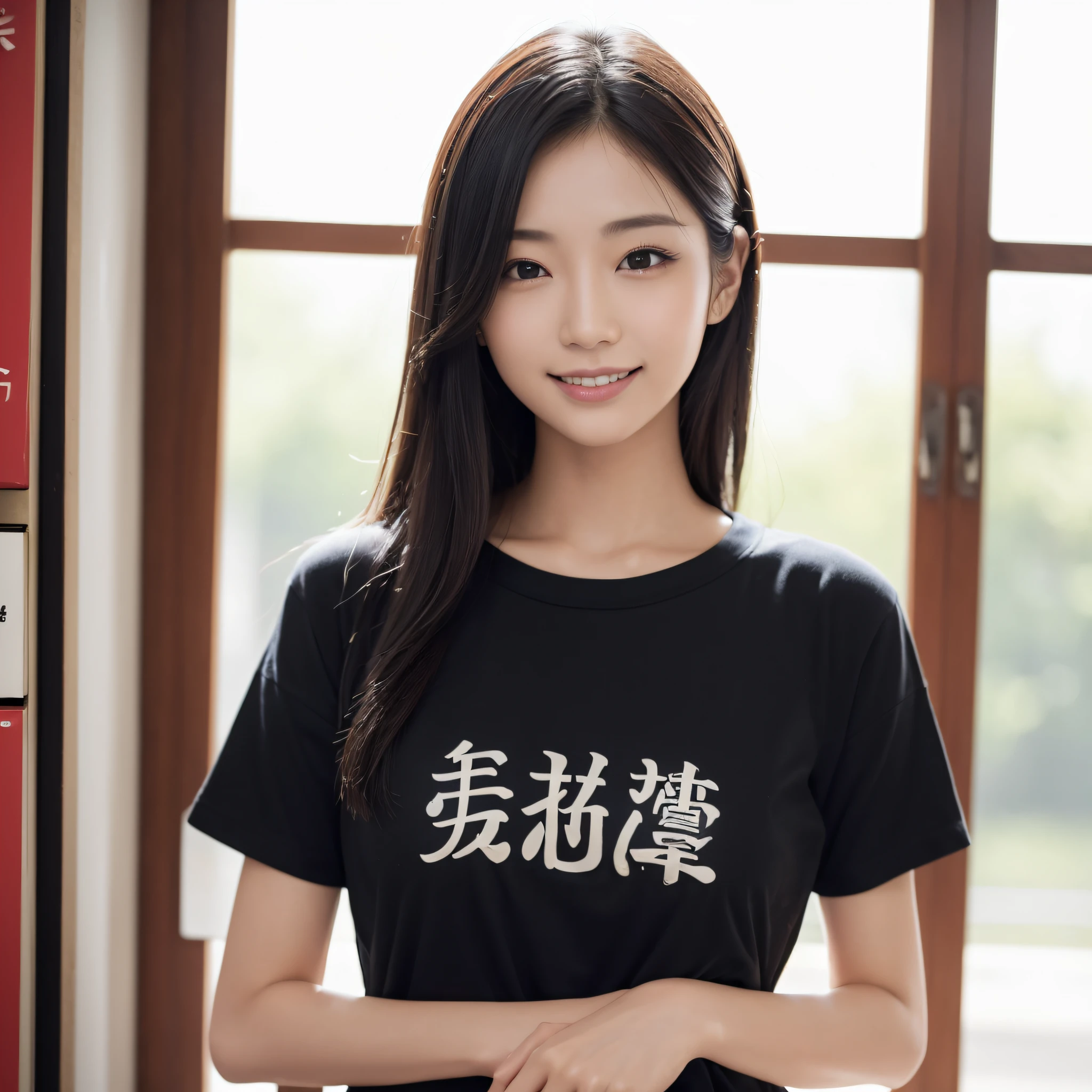 One beauty、((best qualtiy、8k masterpieces:1.3))、foco nítido:1.2、(ultra beautiful faces:1.0)、(shinny skin:1.0)、photos realistic、A dark-haired、Video Lighting、High-definition eyes and face、Video Lighting、Japanese ido、from the front side、medium breasts、Smile、Slender Abs Beauty、Whole body、Wearing a T-shirt with Japan kanji written on it、at the library