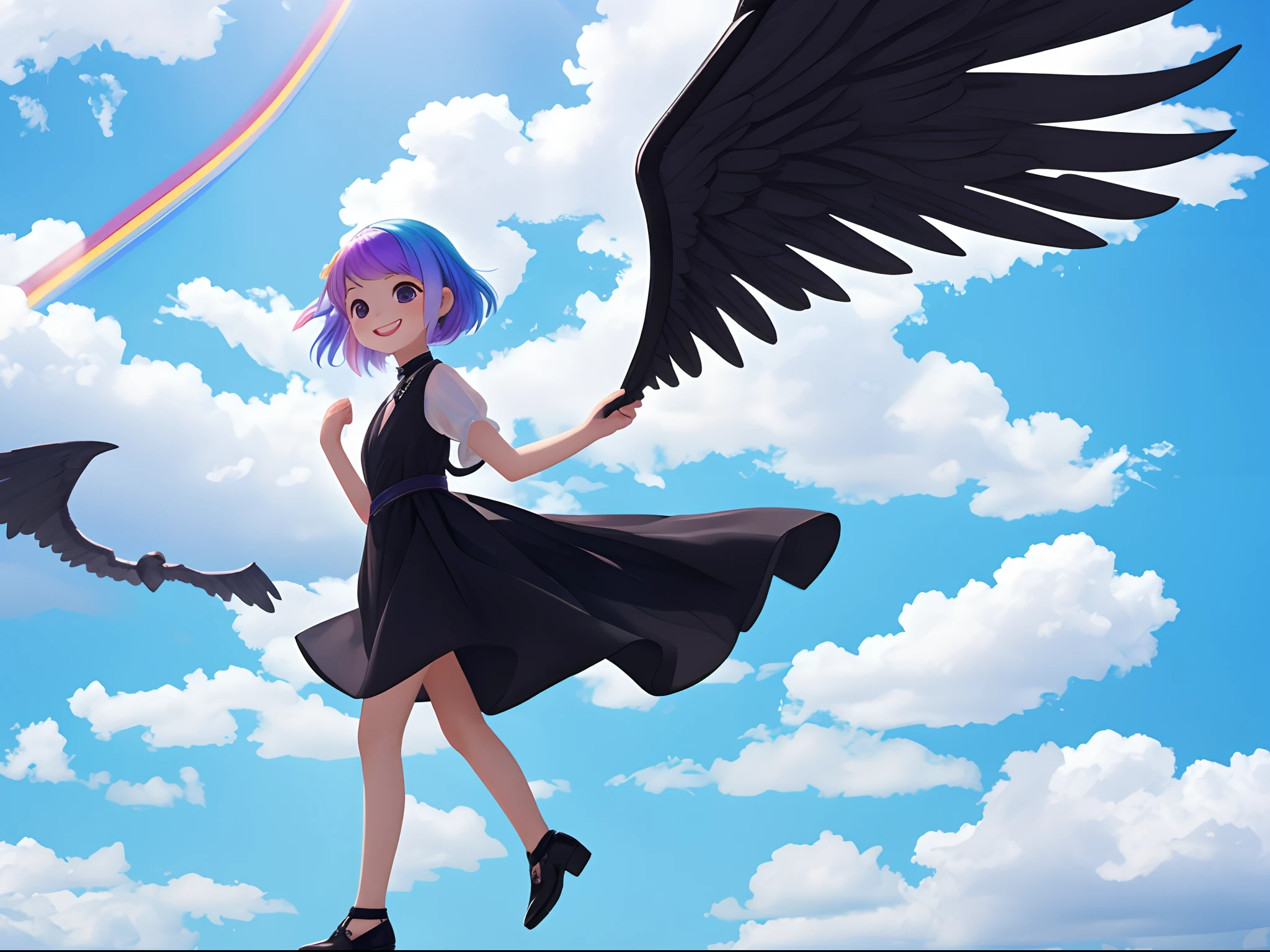 Girl with black wings and black pearls in a white dress made of transparent thin fabric,rainbow color Hair、A smile、Reach out before you、Walking on clouds、 Shines