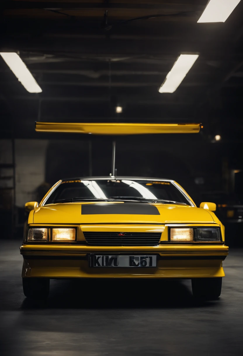 yellow car parked in a garage with a black background, the last v 8 interceptor, hsv, 1985 vector w8 twin turbo, yellow, a wide full shot, automotive photography, vehicle photography, scenic full shot, ultra realistic ”, ultra realistic”, 1980 cars, f / 1 1. 0, tony roberts, by John Broadley