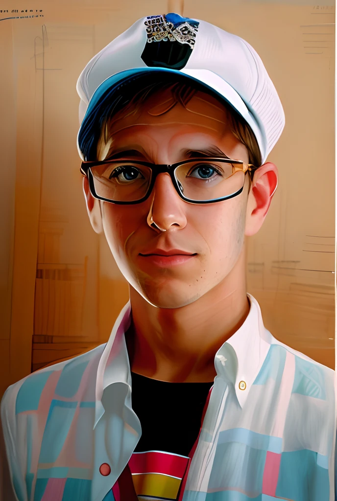 there is a boy wearing a hat and glasses and a shirt, realistic portrait photo, high quality portrait, photorealistic portrait, photo realistic portrait, photo-realistic face, nerdy man character portrait, inspired by Dietmar Damerau, detailed portrait, photorealistic digital painting, man with glasses, hyperrealistic portrait, realistic portrait, portrait shot, closeup portrait shot, in the style of Peter Max