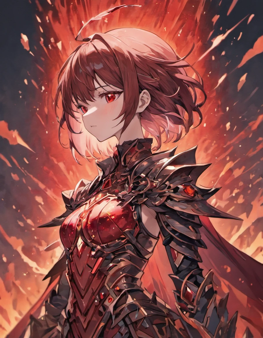 ((Masterpiece)), (illustration), (A high resolution), (((Best quality))), ((Ultra-detailed)), Depth of field, profile, ((Bust Up Shot)), looking at viewert, (1girll), (Solo), Expressionless, ((a beauty girl)), (Beautiful detailed red eyes), (Disheveled hair), Black hair, ((Medium breasts)), hair between eye, Long hair, (complex pattern), ((sharp black armor)), ((Sharp black shoulder armor)), (Gorgeous shoulder armor), (Red shiny rune details on armor), (Red torn cloak), (废墟), Cloud, (Sunset), lighting particle, (breeze), ((embers)), Detailed background, (Surrounded by many beautiful details red crystals), Mountain,