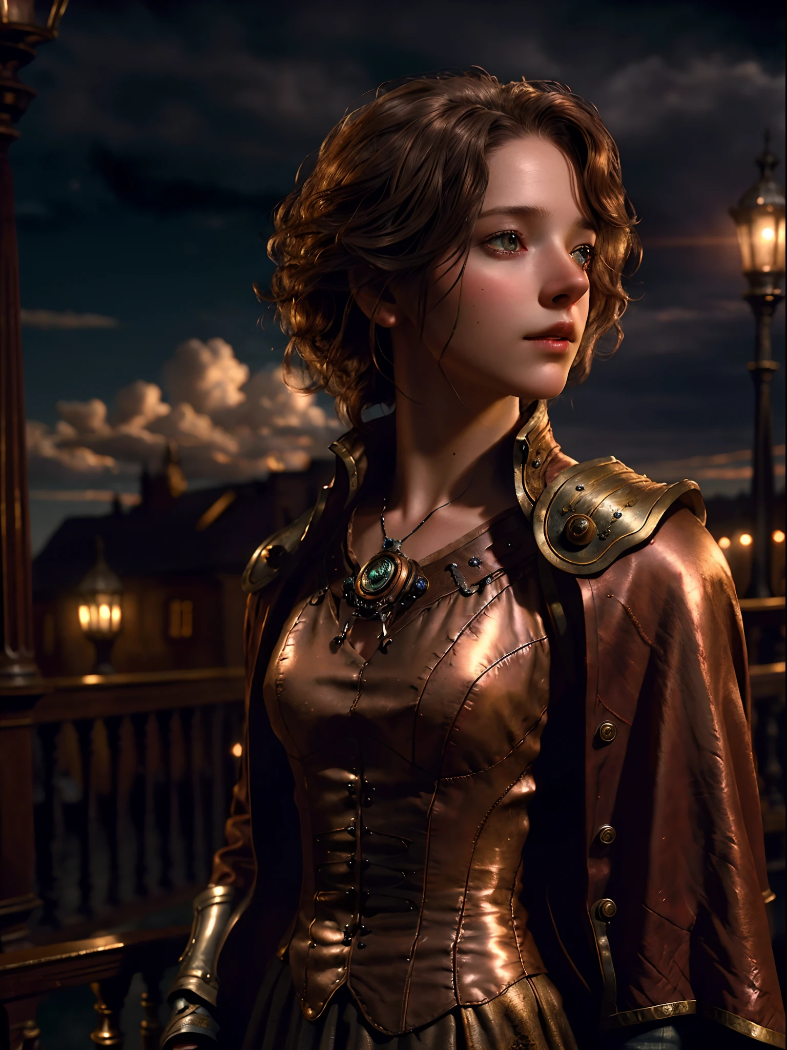 Masterpiece, Realistic, Photorealistic, Ultra Detailed, 8K, RAW photo, Depth of field, Realistic light, cinematic composition, skyscape with clouds, nightfall, Depth of field, 35 mm, Soft steampunk aesthetic, Kate Walker, in small european town in 1910, full-length portrait, Short Windblown Skirt, Smudge contour, aura like in "Syberia" series of games, Cute sexy, pleasure, Depth of field, (focus: 1.2), Dark atmosphere, Cinematic lighting, Detailed face and skin texture, short brown Hair, historic movie Style, Faded colors, Steam locomotive on the background