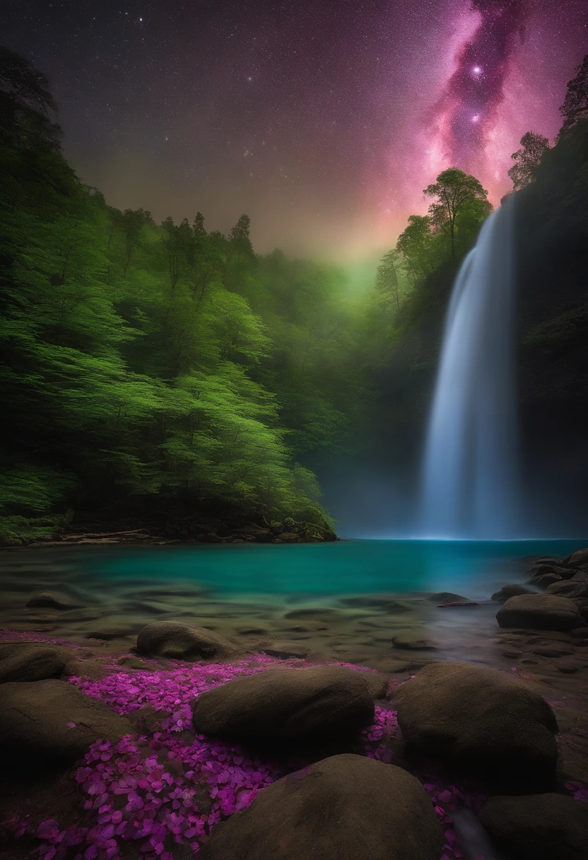 Imagine a world where emerald-green forests stretch endlessly, their towering trees adorned with bioluminescent foliage that casts a soft, otherworldly glow. In the distance, colossal waterfalls cascade from floating islands, their crystal-clear waters sparkling like liquid diamonds. The sky above is a mesmerizing blend of deep purples, pinks, and golds, with two moons hanging in perfect harmony. Strange, iridescent creatures with wings like stained glass flit through the air, leaving trails of shimmering dust in their wake. A sense of enchantment and mystery permeates this surreal landscape, inviting exploration and adventure. Describe the intricate details of this magical world.