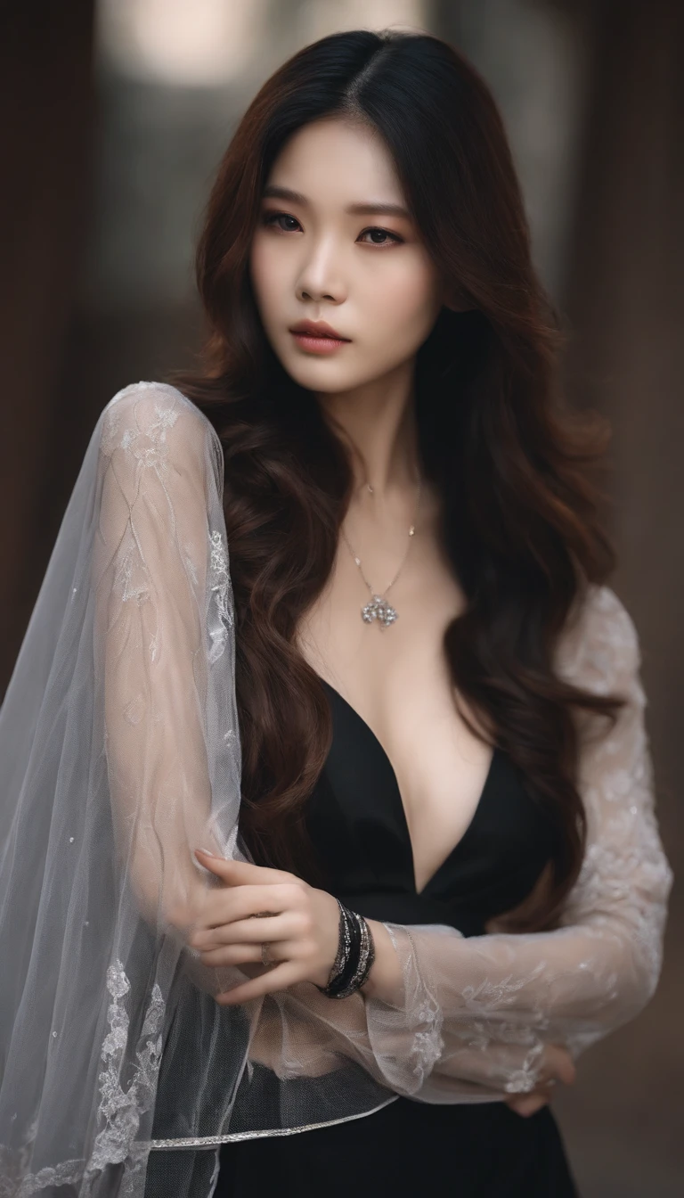 A beautiful Korean girl,Long hair with silver shawl,Bad girl,Put on light makeup,Wear a black sex bra,There is a tattoo on the chest,There is a tattoo on the neck,The forearm has a tattoo,Close up,Bust portrait of a woman