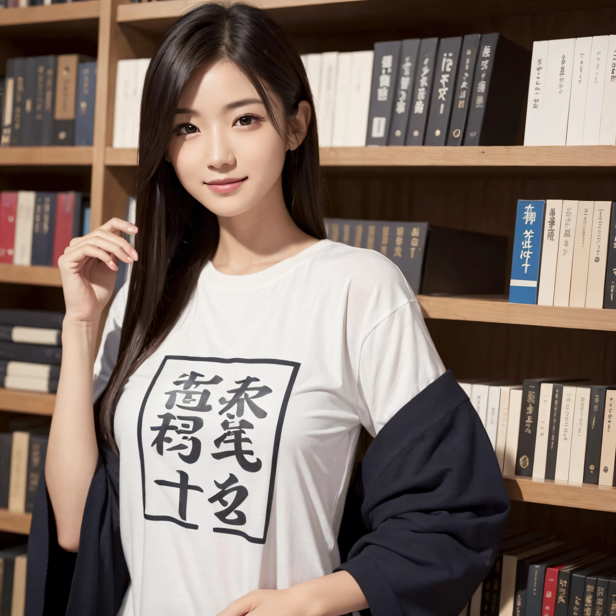 One beauty、((best qualtiy、8k masterpieces:1.3))、foco nítido:1.2、(ultra beautiful faces:1.0)、(shinny skin:1.0)、photos realistic、A dark-haired、Video Lighting、High-definition eyes and face、Video Lighting、Japan idle、from the front side、medium breasts、Smile、Slender Abs Beauty、Whole body、Wearing a T-shirt with Japan kanji written on it、at the library