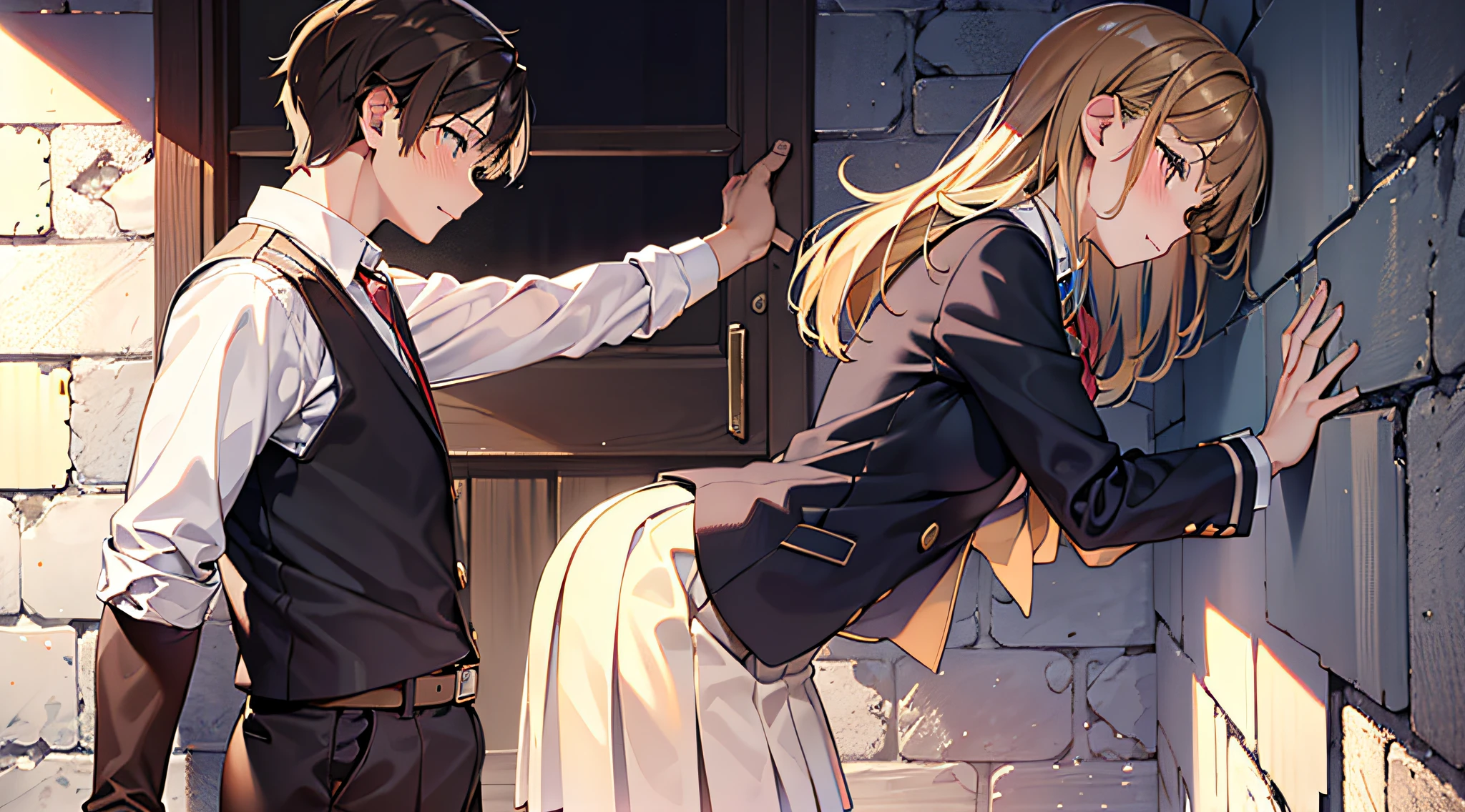 Intricate Details, Masterpiece, Best Quality, High Resolution, (full growth, pressed against wall:1.3), 1girl, 1boy, blush girl, couple, looking at another, hetero, height difference, tall boy, short girl, school uniform, brown hair, blonde hair, long hair, short hair, big boobs, finely detailed background, looking at the viewer, Depth of Field, VFX
