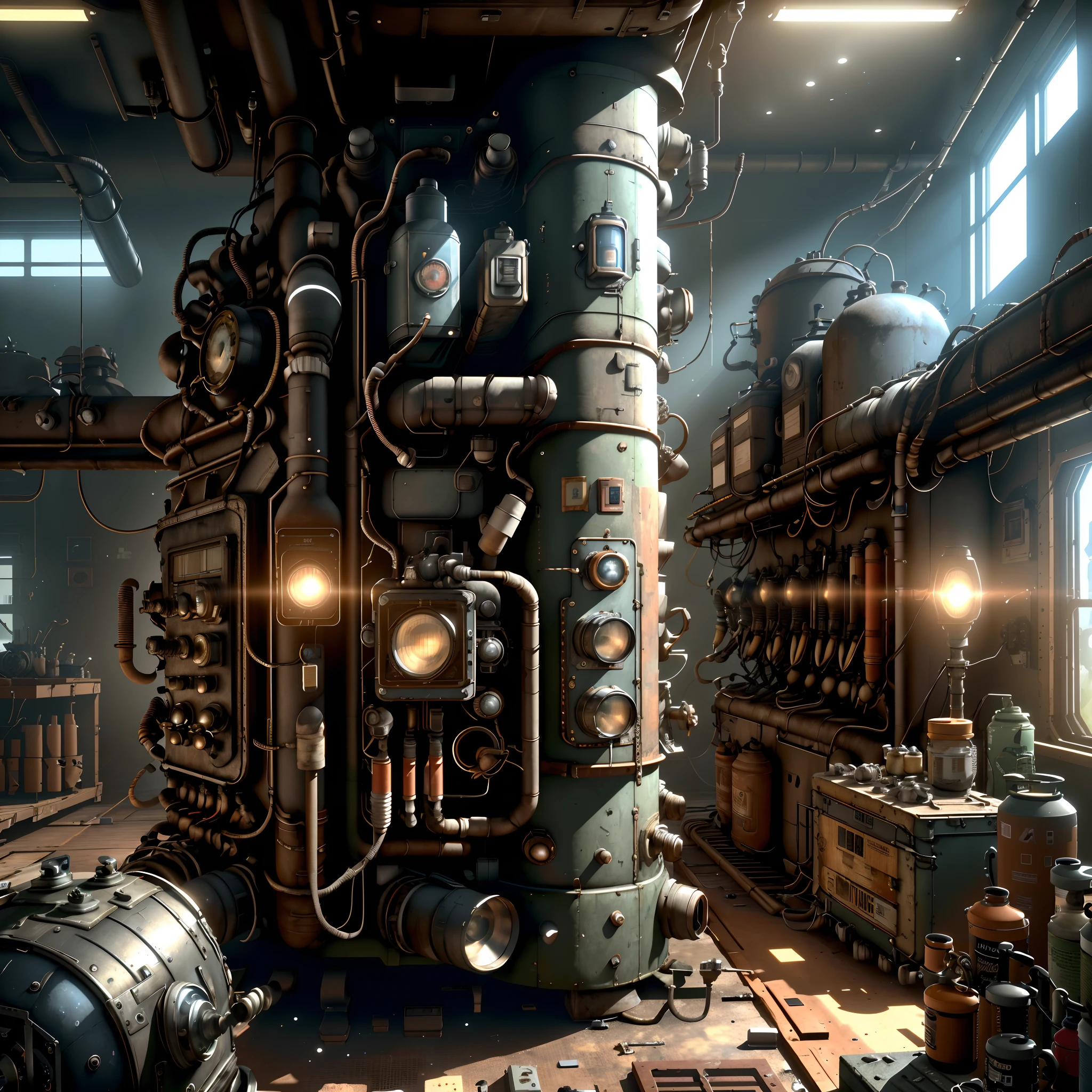 Dieselpunk AI:Spacious Double decker repair room,(Photorealistic:1.2),(depth of fields),((Best quality,4K,8K,A high resolution,Masterpiece:1.2)),