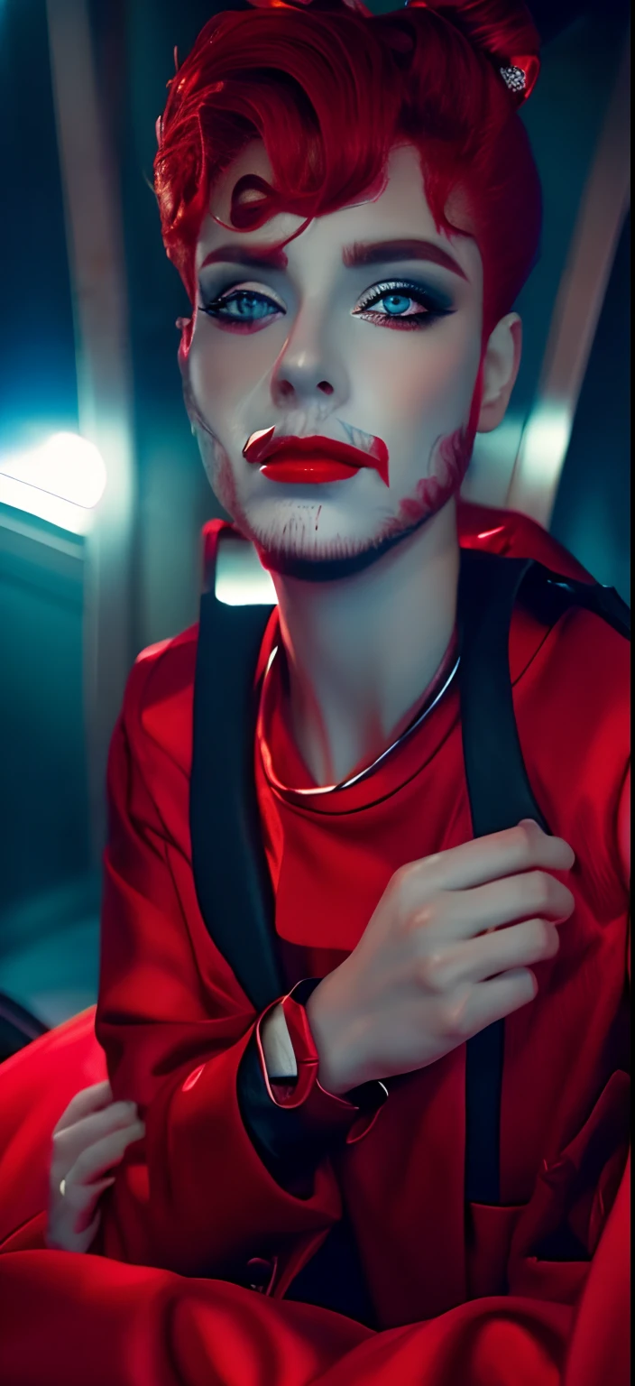 Red hair red lips lather jacket blue eyes gangter look cool beard realistic face dark theme background