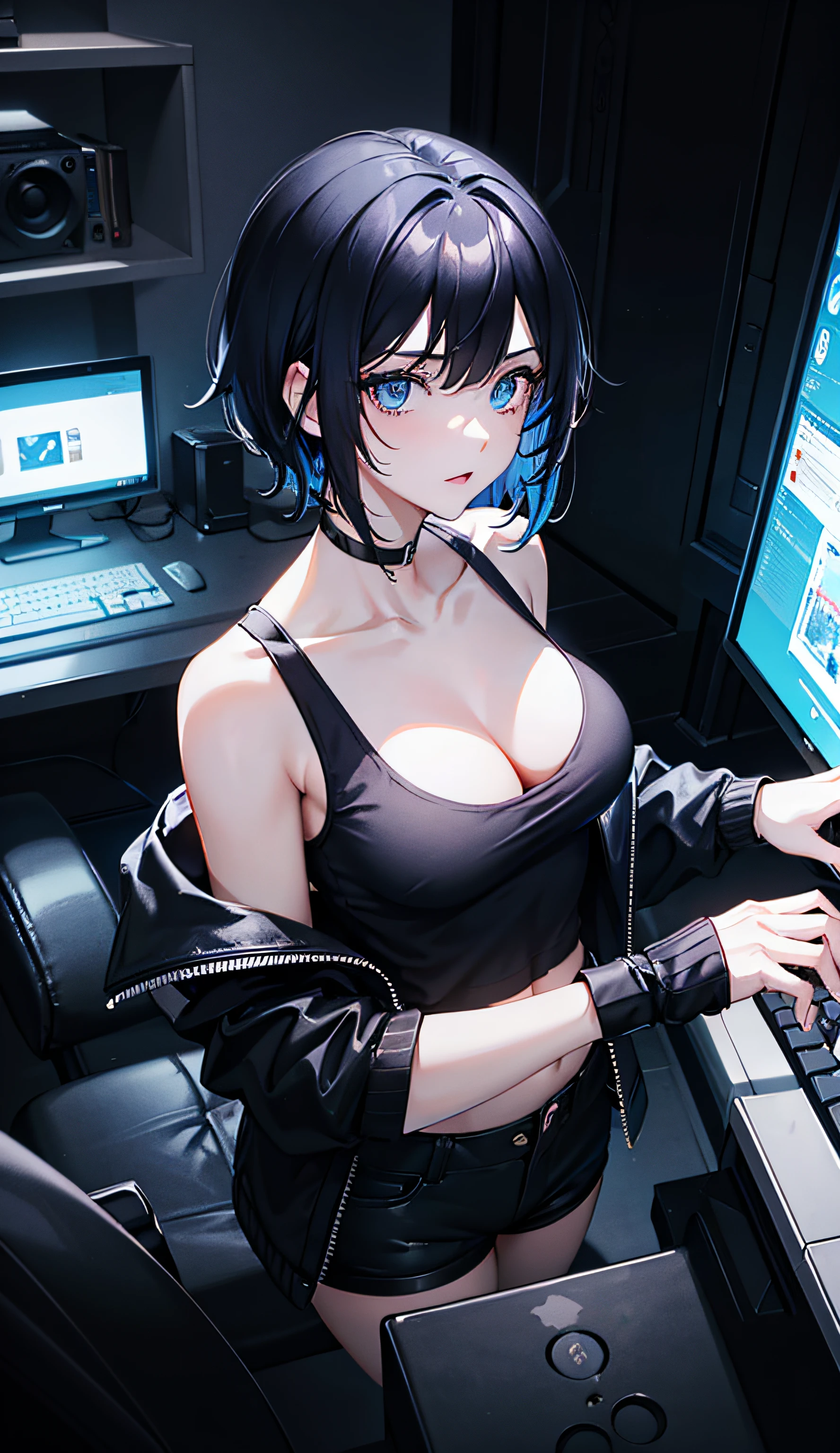 (photo Aesthetic , wallpaper ,8k), (masterpiece, vibrant, best Quality), 1 adult woman, solo, short black hair, Messy hair , blue eyes, tank top, black Jacket, wide hips, shorts, Playing games, Holding a mouse, computers, (lighting from a computer), (high angle), indoor, night