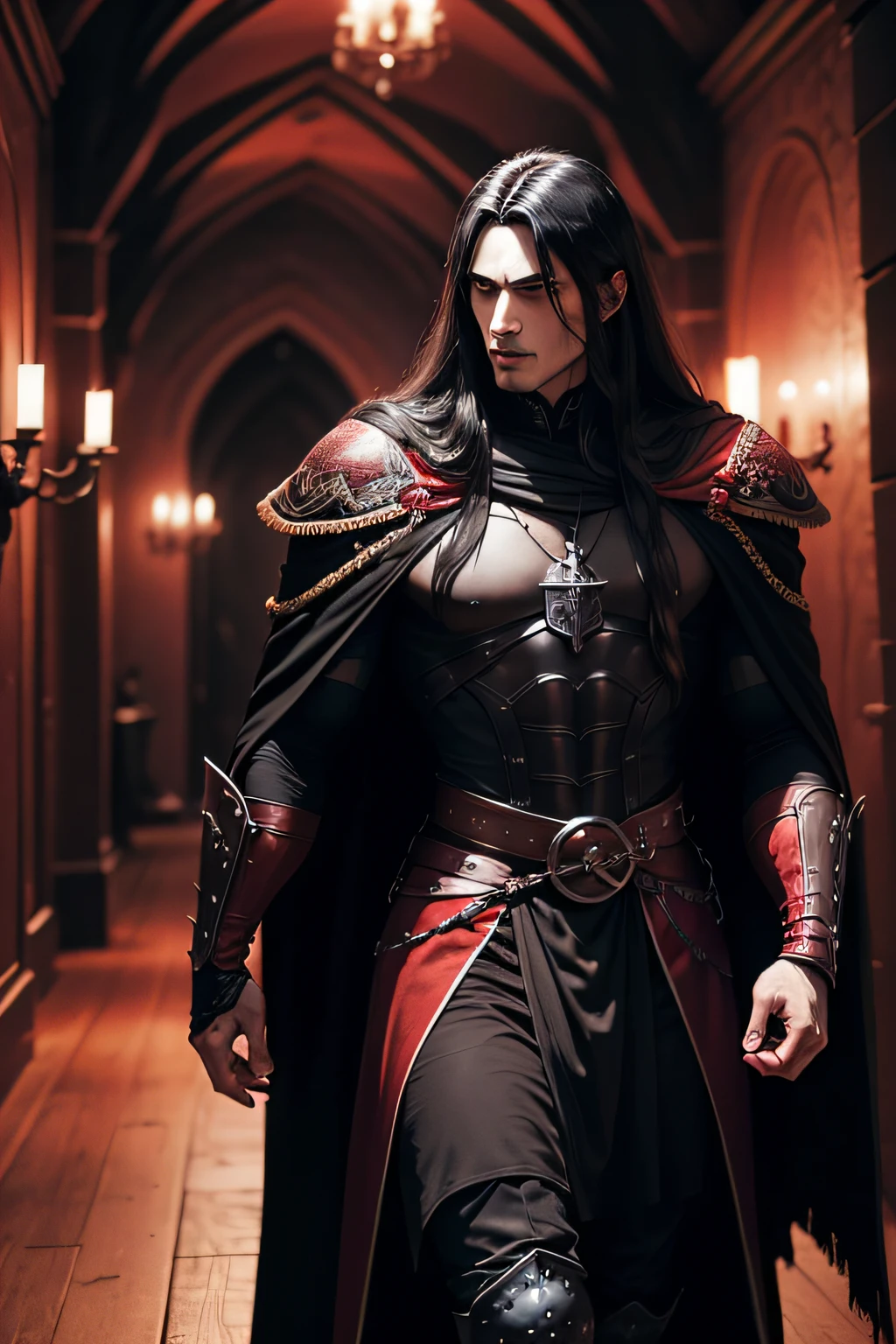 dark muscular male evil lord with long black hair wearing black and red cloak walking through the halls of his medieval dark red and black castle, dark, night moon, night, gloom