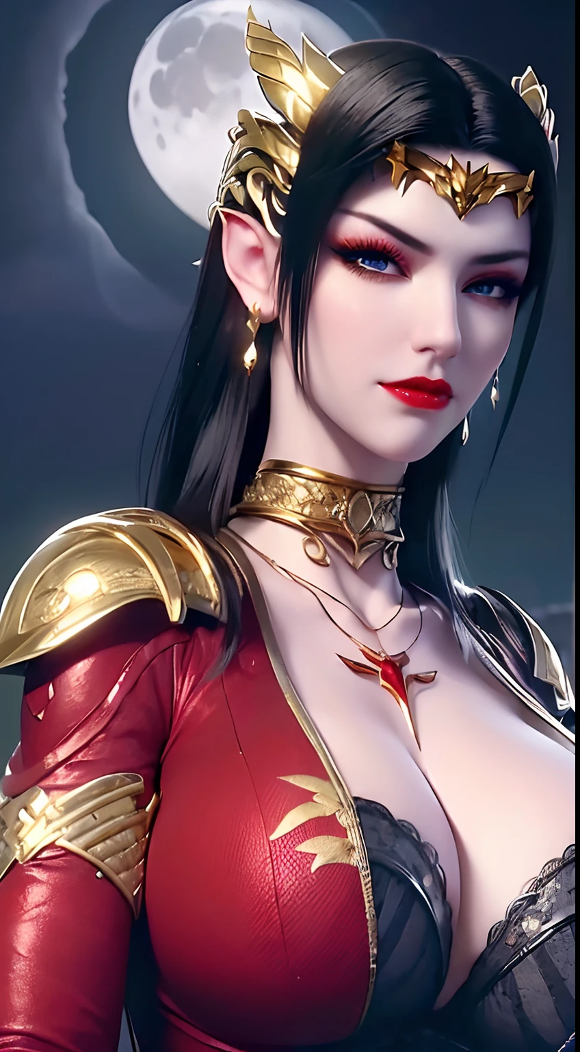 1 extremely beautiful queens,((wearing sexy red and black armor :1.6)), (((Eye-catching patterns on the shirt:1.6))), ((long black hair:1.6)), jewelry elaborately made from precious stones and beautiful hair, ((wearing a 24k gold lace necklace:1.4))), the noble, noble style of an extremely beautiful girl, her small face is super cute, her face is very pretty, thin eyebrows, flawless beautiful face, ((black eye pupils: 0.8)), very beautiful eyes, ((platinum blue eyes: 1.6)), (((eyes wide open:1.6))), nice makeup and hair detailed eyelashes, steamy eye makeup, high nose, earrings, red lips, ((closed mouth: 1.5)) beautiful lips, slim hands, most beautiful thighs, ((arms spread out to the sides: 1.5)), rosy face, clean face, flawless beautiful face, smooth white skin, (big breasts: 1.5)), ((high breasts: 1.6)), tight breasts, beautiful cleavage, (((big breasts and super round: 1.8))), ((super tight breasts: 1.7)) , beautiful breasts, perfect body, back arms, chest out, thin black mesh stockings with black lace trim, 8k photo, super high quality, super realistic, super 10x pixels, optical, bright studio, bright edges, dual-tone lighting, (high-detail skin:1.2), super 8k, soft lighting, high quality, volumetric lighting, photorealistic, photorealistic high resolution, lighting, best photo, 4k, 8k quality, blur effect, smooth sharp, 10 x pixel, ((sea and moonlight at night background:1.5)), aurora, lightning, super graphics realistic, most realistic graphics, 1 girl, alone, solo, Extremely sharp image, surreal, (((frontal portrait: 1)))."