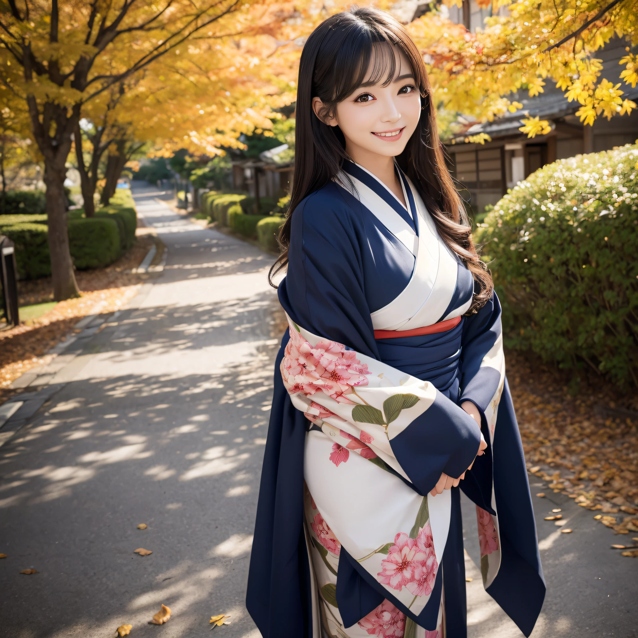 (Super beautiful woman in kimono)、((best qualtiy、8k masterpieces:1.3))、foco nítido:1.2、(ultra beautiful faces:1.0)、(shinny skin:1.0)、photos realistic、A dark-haired、Video Lighting、High-definition eyes and face、Video Lighting、Japanese actressl、from the front side、medium breasts、With a happy smile、wearing kimonos、Under the autumn leaves、