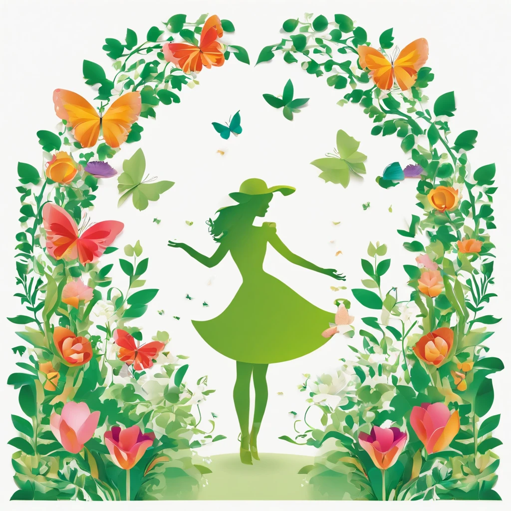 Super high quality, 2D illustration, white background, floral arch, a pot of green pea plant in the middle is a colourful floral arch, the pot has heart label, many colourful flowers and green leaves, flying butterflies.