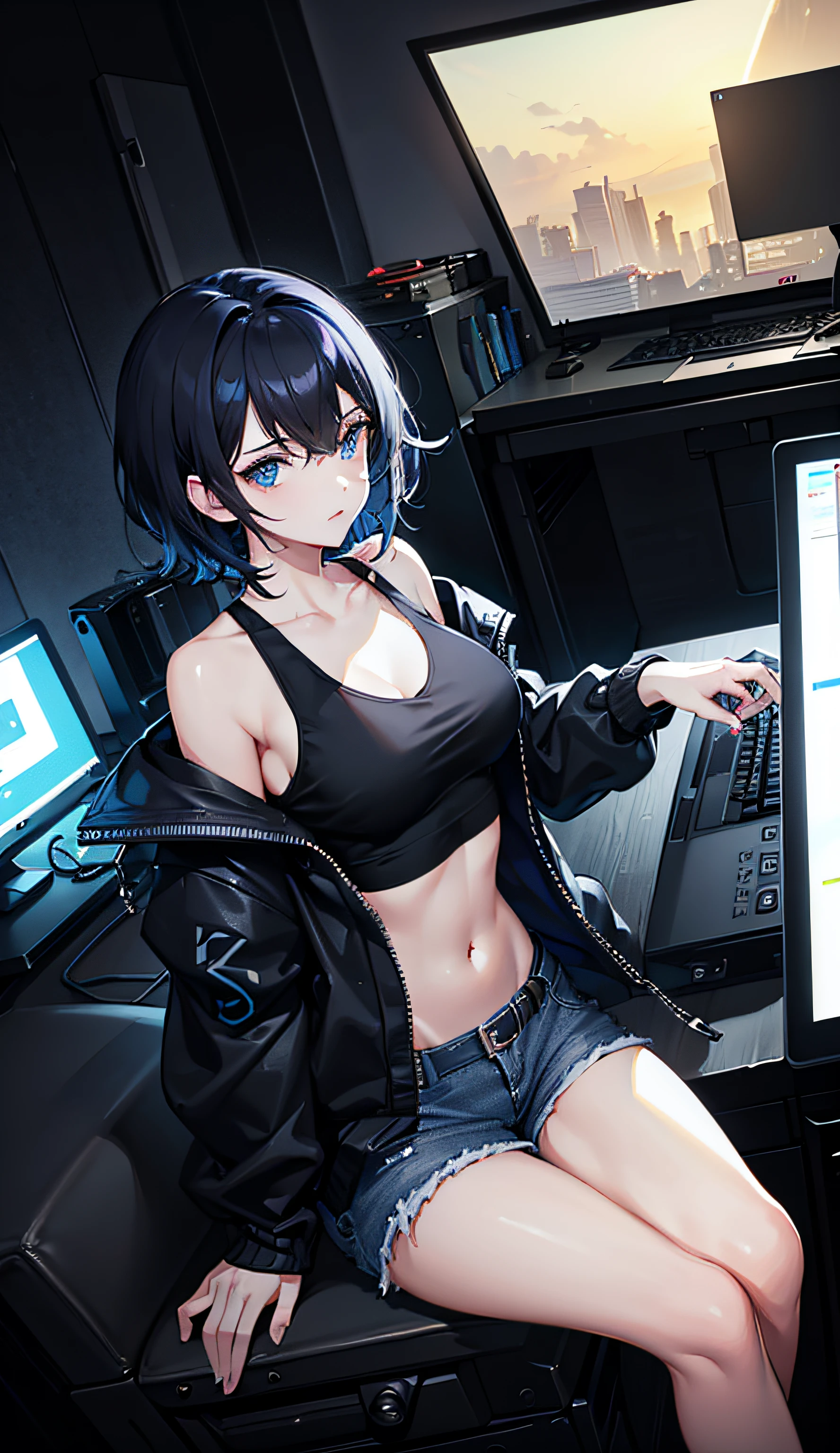 1girl, (rotated, ass focus) , (thin build), dark blue strapless top, midriff, navel, dark blue Short shorts, black clothes, short hair, blunt bangs, dark blue eyes, (yellow scarf:1.3), black boots, bare legs, evil smile, multiple screens on background, video surveillance room, chiaroscuro, cinematic lighting, 8k, super detail, UHD, masterpiece, textured skin, high details, award winning