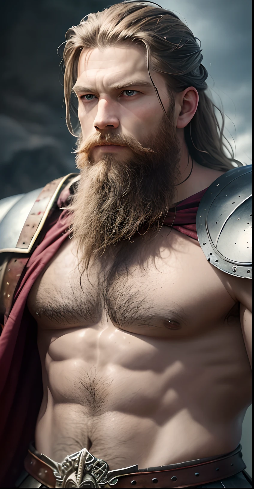 photograph  of a viking warrior with dirt in his face, broad shoulders, armor, heroic, beard, pronounced cheekbones, cloudy, masterpiece, best quality, high quality, 4K, trending, hard ring light, 50mm