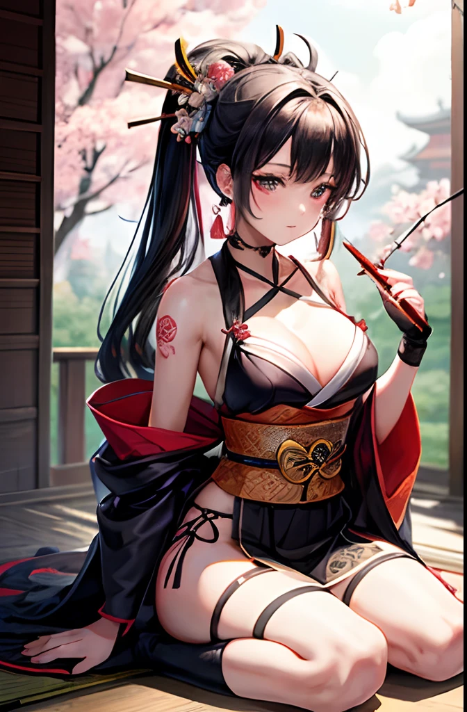 masterpiece、best、Hi-Res、1 female、A dark-haired、Medium Hair、Asymmetrical hair、Floating hair、blindfolds、High Ponytail、side locks、hair adornments、Fish hair ornament、tassels、Kanzashi、bangss、light blue eyes、Beginning、ssmile, tusk, Only the upper teeth, a choker, a red choker, Pendant Choker, Butterfly Choker, 鎖骨, The tattoo, Chest Tattoo, Flower tattoo, cleavage of the breast, middlebreasts, thighs thighs thighs thighs, bandaged, Bandaged Legs, sarashi, Budget Sarashi, Breast sarashi, Black sash、 Hadanugi Dosa 、 Broomstick 、 Komono 、 Kimono 、 Drawstring 、 Obi 、 Obiage 、 Obi tightening 、 Orange kimono 、 Drawstring 、 Patterned kimono 、 noose 、 Obi 、 Shimenawa 、 Short kimono 、 Piece bare shoulders 、 phantom(Genshin) 、 East Asian Architecture 、cherry trees, full body Esbian, crouching down, sparkler fireworks, natta, sparklers, sparklers, cross one's legs, an legs, single glove, Single fingerless gloves, wristbands, Black socks,