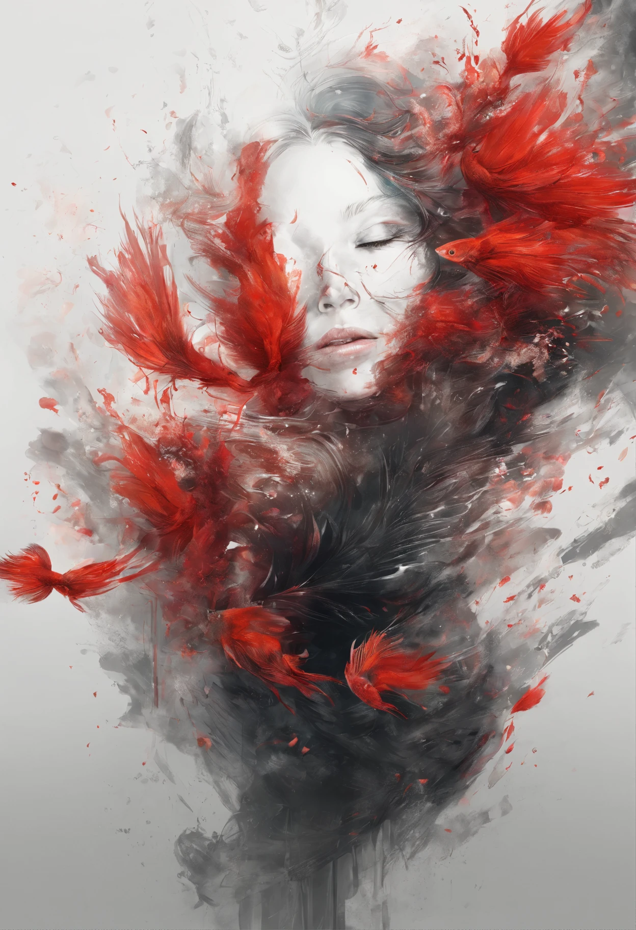 Perfect centralization, Fantastic black-red beam, delight, Standing position, abstract beauty, centre, Looking at the camera, Facing the camera, nearing perfection, Dynamic, highly  detailed, Liso, foco nítido, 8K, A high resolution, illustration, art by Carne Griffiths and Wadim Kashin, Goldfish characters