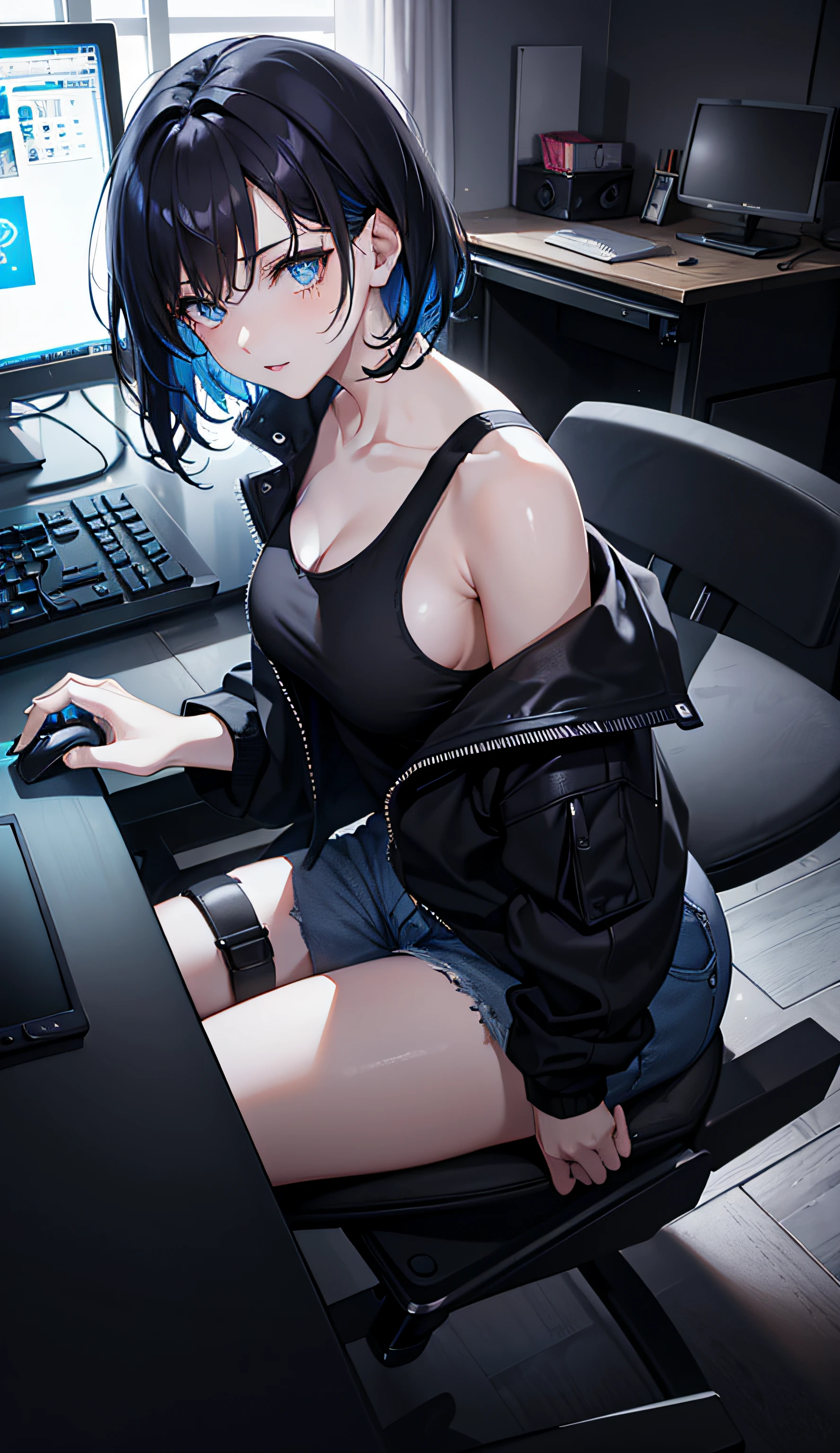 (photo Aesthetic , wallpaper ,8k), (masterpiece, vibrant, best Quality), 1 adult woman, solo, short black hair, Messy hair , blue eyes, tank top, black Jacket, wide hips, shorts, Playing games, Holding a mouse, computers, (lighting from a computer), (high angle), indoor, night