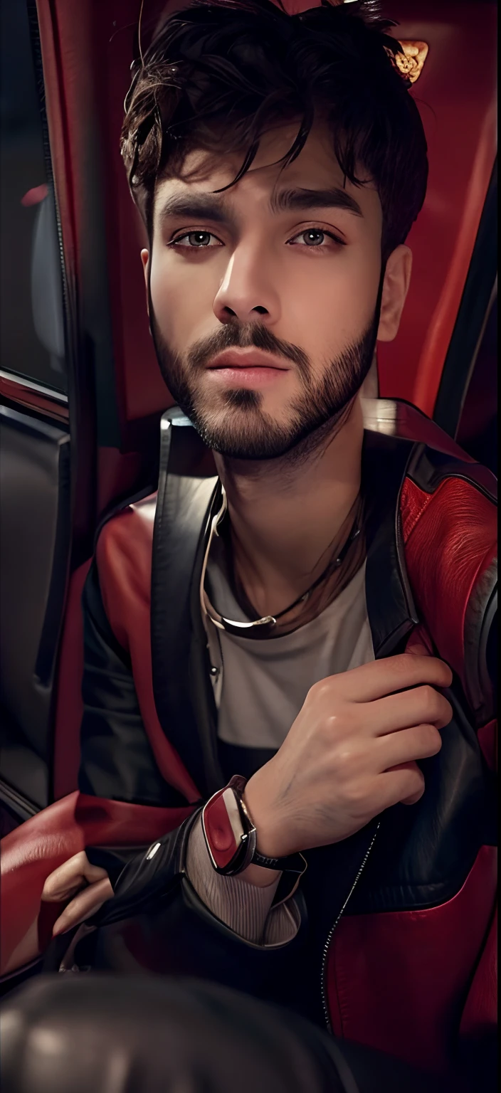 Red eyes black lips mafia style cool beard with leather jacket messy long hair realistic face