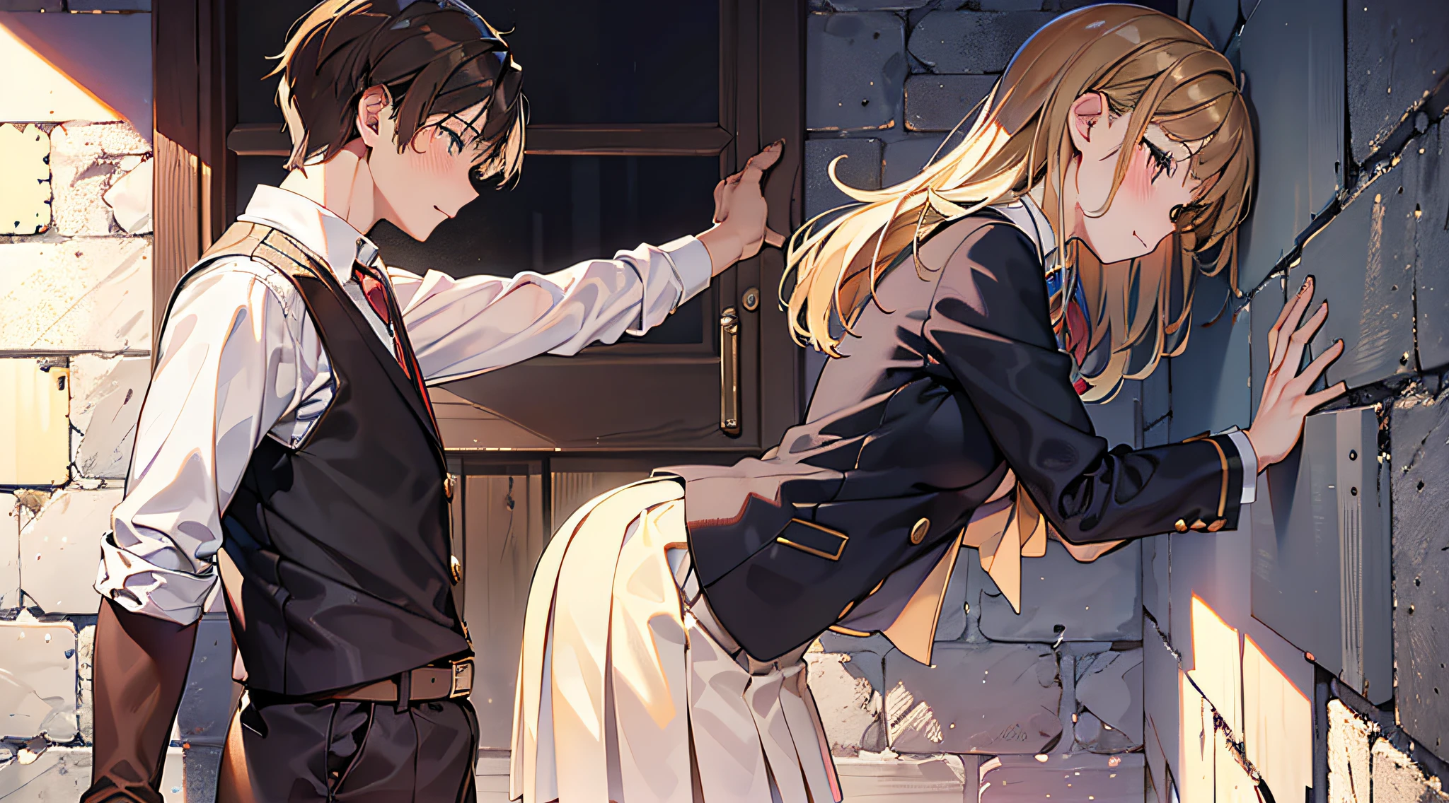 Intricate Details, Masterpiece, Best Quality, High Resolution, (full growth, pressed against wall:1.3), 1girl, 1boy, blush girl, couple, looking at another, hetero, height difference, tall boy, short girl, school uniform, brown hair, blonde hair, long hair, short hair, big boobs, finely detailed background, looking at the viewer, Depth of Field, VFX
