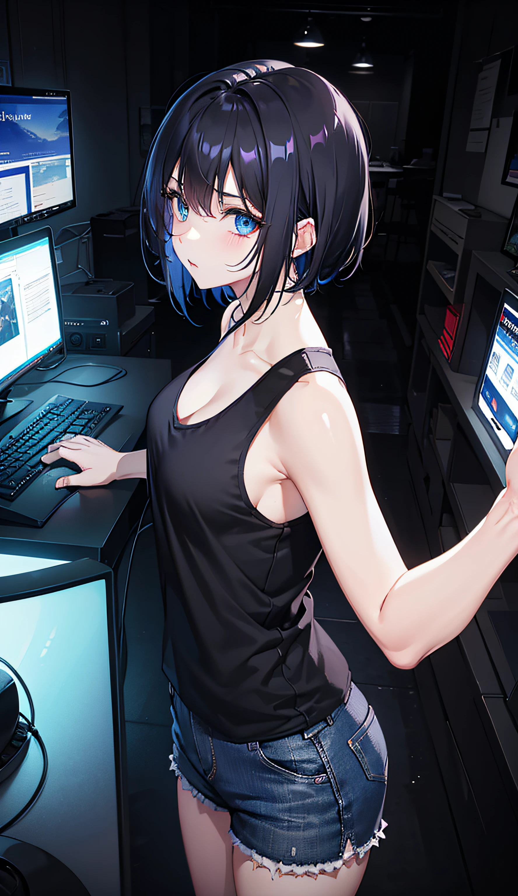 (photo Aesthetic , wallpaper ,8k), (masterpiece, vibrant, best Quality), 1 adult woman, solo, short black hair, Messy hair , blue eyes, tank top, black Jacket, wide hips, shorts, Playing games, Holding a mouse, computers, (lighting from a computer), (high angle), indoor, night