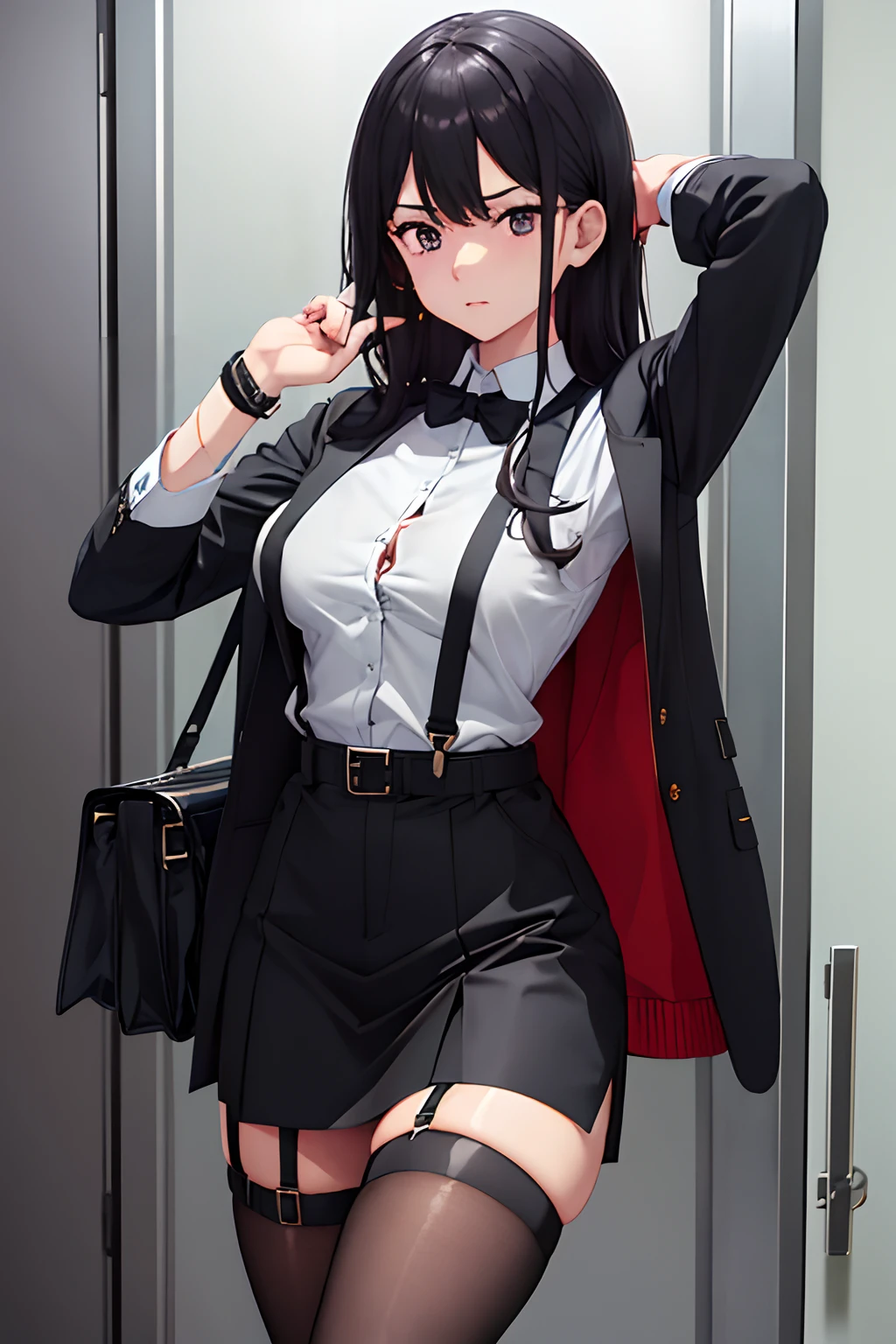 Suit,Collared shirt,Belt bag,Suspenders Black Miniskirt garterbelts knee high Stockings Black Niso Colorcon armpit sweat perspiring Side of both hands,Black jacket,Gaze,ample bosom,Armpit sweat,Exposing the armpits"Tight clothes、Cuffed、wristbands
