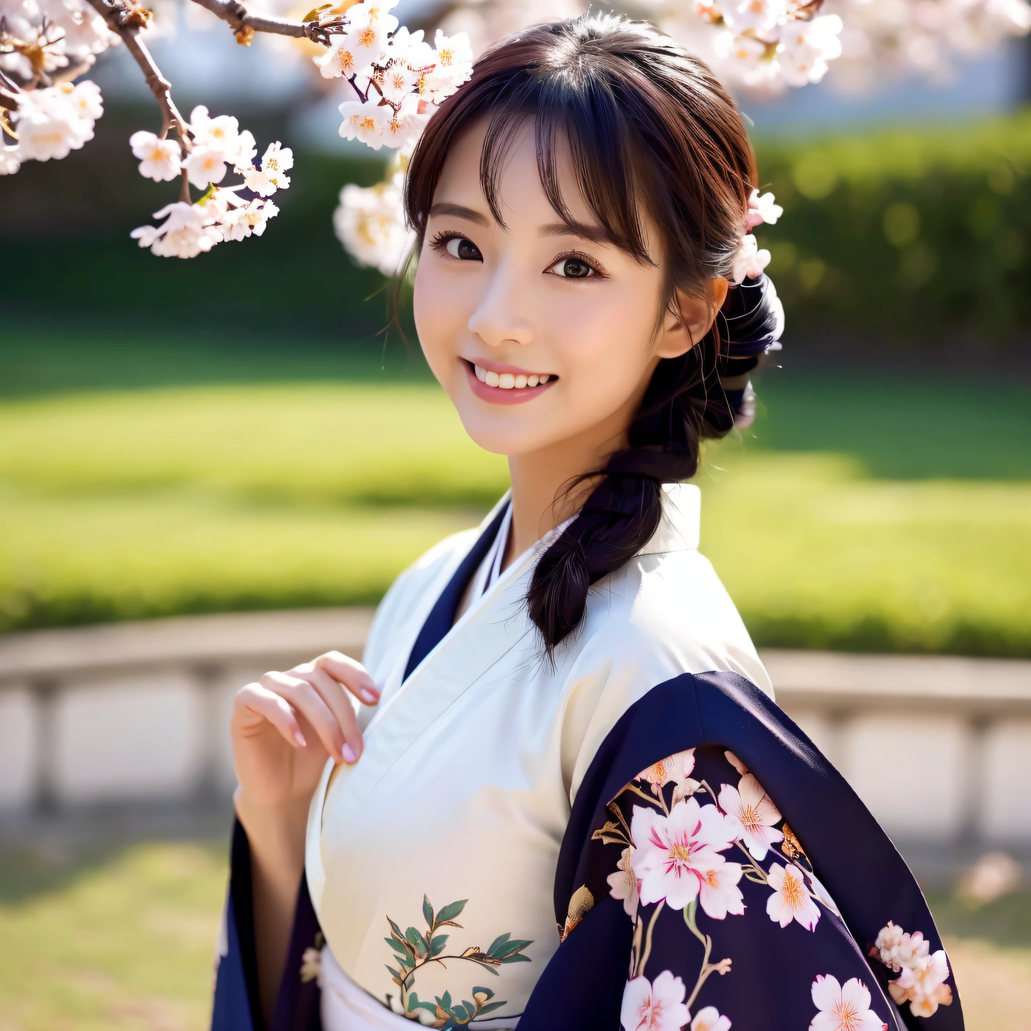 (Super beautiful woman in kimono)、((best qualtiy、8k masterpieces:1.3))、foco nítido:1.2、(ultra beautiful faces:1.0)、(shinny skin:1.0)、photos realistic、A dark-haired、Video Lighting、High-definition eyes and face、Video Lighting、Japanese actressl、from the front side、medium breasts、With a happy smile、Slender Abs Beauty、Whole body、wearing kimonos、On a hill with dancing cherry blossoms