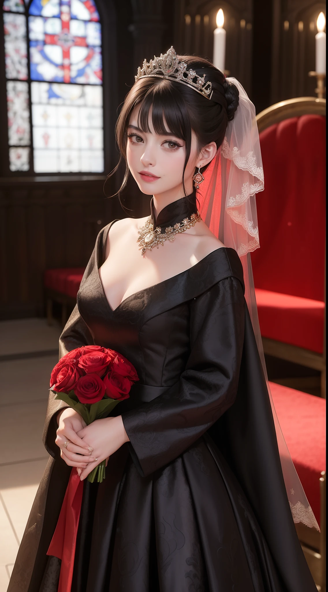 ((1 girl)) ((( Anne Hathaway:Selena Gomez:0.7))) ,(20year old)), hair((black)), eyes((smart eyes, black)), clothes((brocade, red wedding dress, red)), hair bun, tiara, veil, bouquet, aesthetic wedding costume, smiling, korean make-up look, bold make-up, white church, wedding in church,