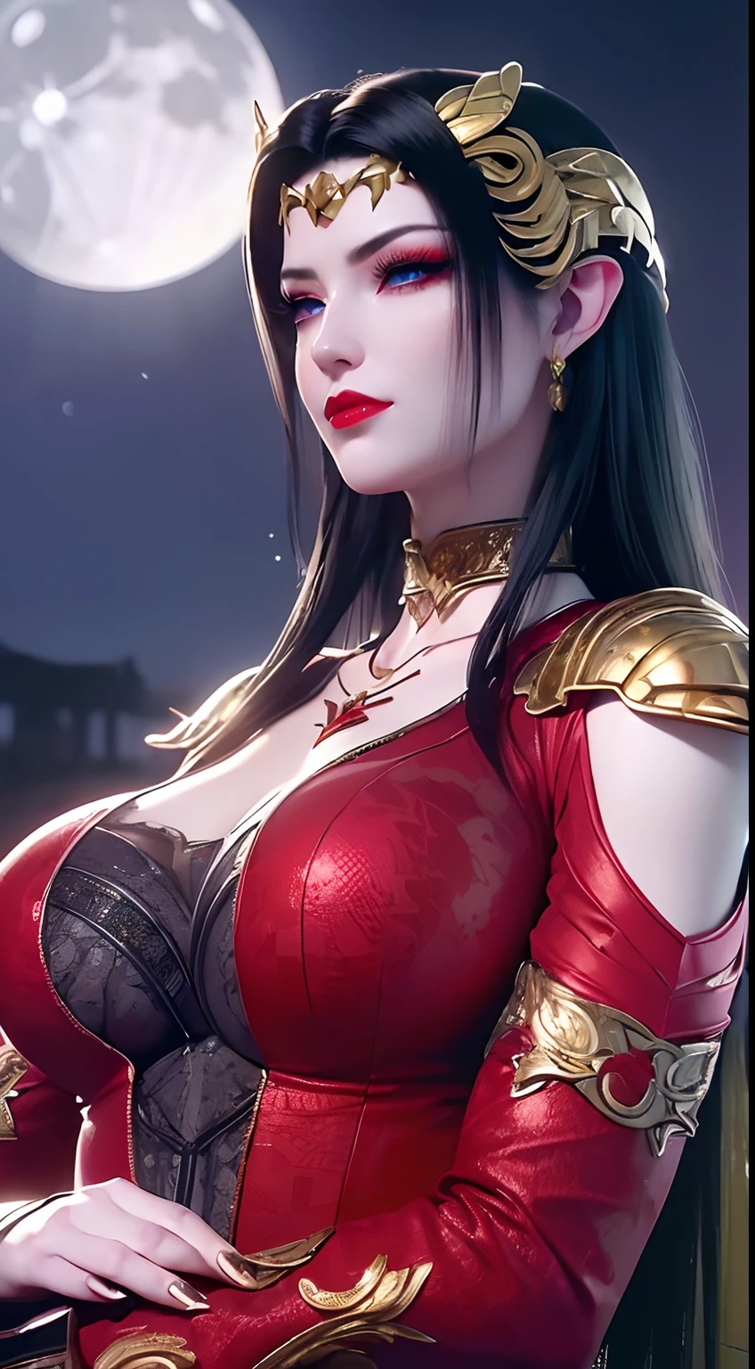1 extremely beautiful queens,((wearing sexy red and black armor :1.6)), (((Eye-catching patterns on the shirt:1.6))), ((long black hair:1.6)), jewelry elaborately made from precious stones and beautiful hair, ((wearing a 24k gold lace necklace:1.4))), the noble, noble style of an extremely beautiful girl, her small face is super cute, her face is very pretty, thin eyebrows, flawless beautiful face, ((black eye pupils: 0.8)), very beautiful eyes, ((platinum blue eyes: 1.6)), (((eyes wide open:1.6))), nice makeup and hair detailed eyelashes, steamy eye makeup, high nose, earrings, red lips, ((closed mouth: 1.5)) beautiful lips, slim hands, most beautiful thighs, ((arms spread out to the sides: 1.5)), rosy face, clean face, flawless beautiful face, smooth white skin, (big breasts: 1.5)), ((high breasts: 1.6)), tight breasts, beautiful cleavage, (((big breasts and super round: 1.8))), ((super tight breasts: 1.7)) , beautiful breasts, perfect body, back arms, chest out, thin black mesh stockings with black lace trim, 8k photo, super high quality, super realistic, super 10x pixels, optical, bright studio, bright edges, dual-tone lighting, (high-detail skin:1.2), super 8k, soft lighting, high quality, volumetric lighting, photorealistic, photorealistic high resolution, lighting, best photo, 4k, 8k quality, blur effect, smooth sharp, 10 x pixel, ((sea and moonlight at night background:1.5)), aurora, lightning, super graphics realistic, most realistic graphics, 1 girl, alone, solo, Extremely sharp image, surreal, (((frontal portrait: 1)))."