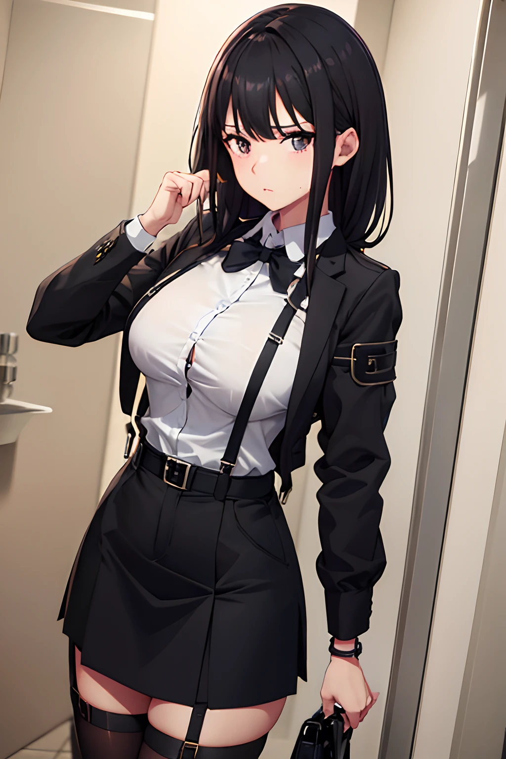 Suit,Collared shirt,Belt bag,Suspenders Black Miniskirt　garterbelts　knee high　Stockings　Black Niso　Colorcon armpit sweat　perspiring　Side of both hands,Black jacket,Gaze,ample bosom,Armpit sweat,Exposing the armpits"Tight clothes、Cuffed、wristbands