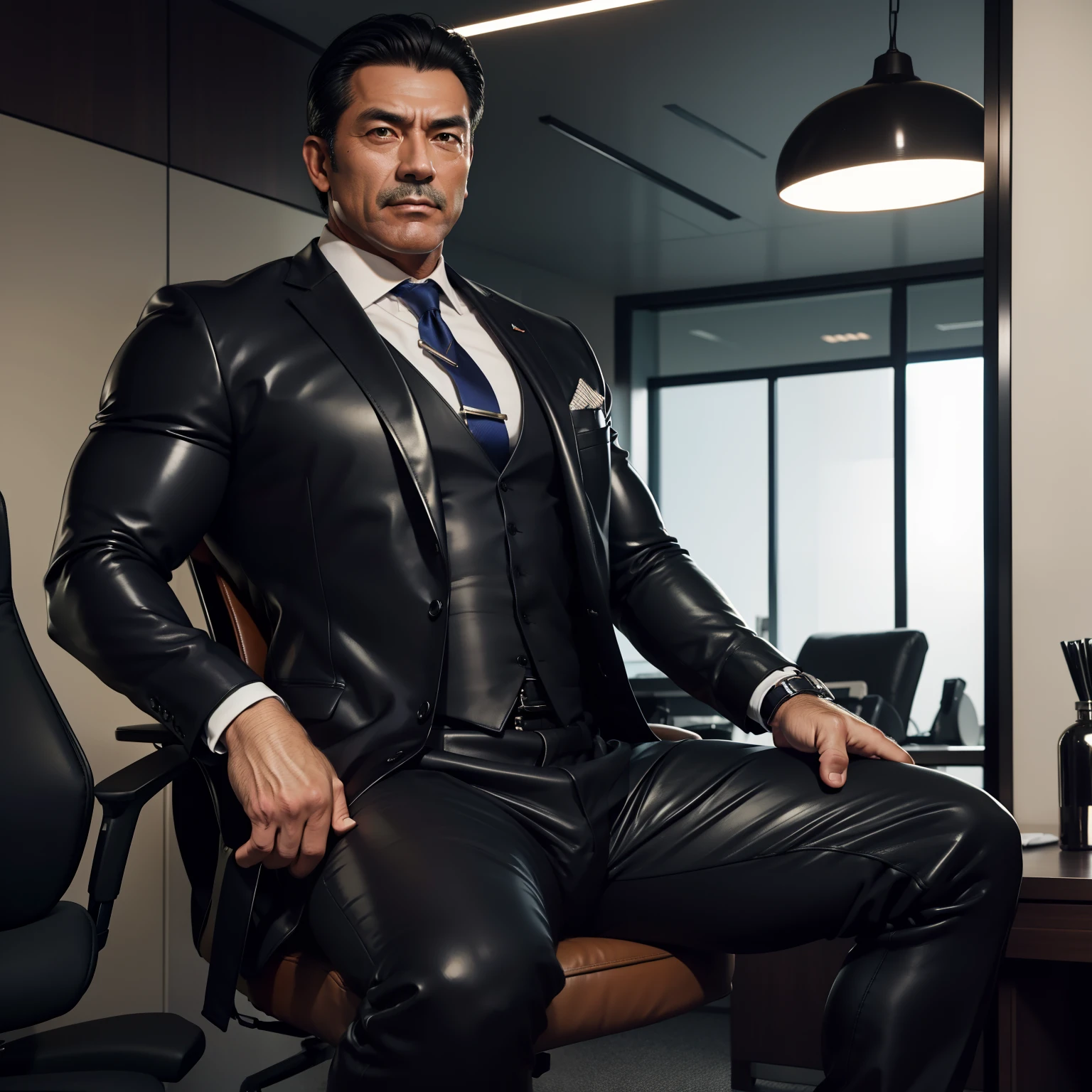 50 years old,daddy,shiny suit ,Dad sat on a chair,k hd,in the office,big muscle, gay ,black hair,asia face,masculine,strong man,the boss is,handsome,sex,leather gloves,lecherous dad,look straight ahead,dad is handsome,dad is hot man,dad is horny,dad is sex dad,chelsea boots man,full body,Slave