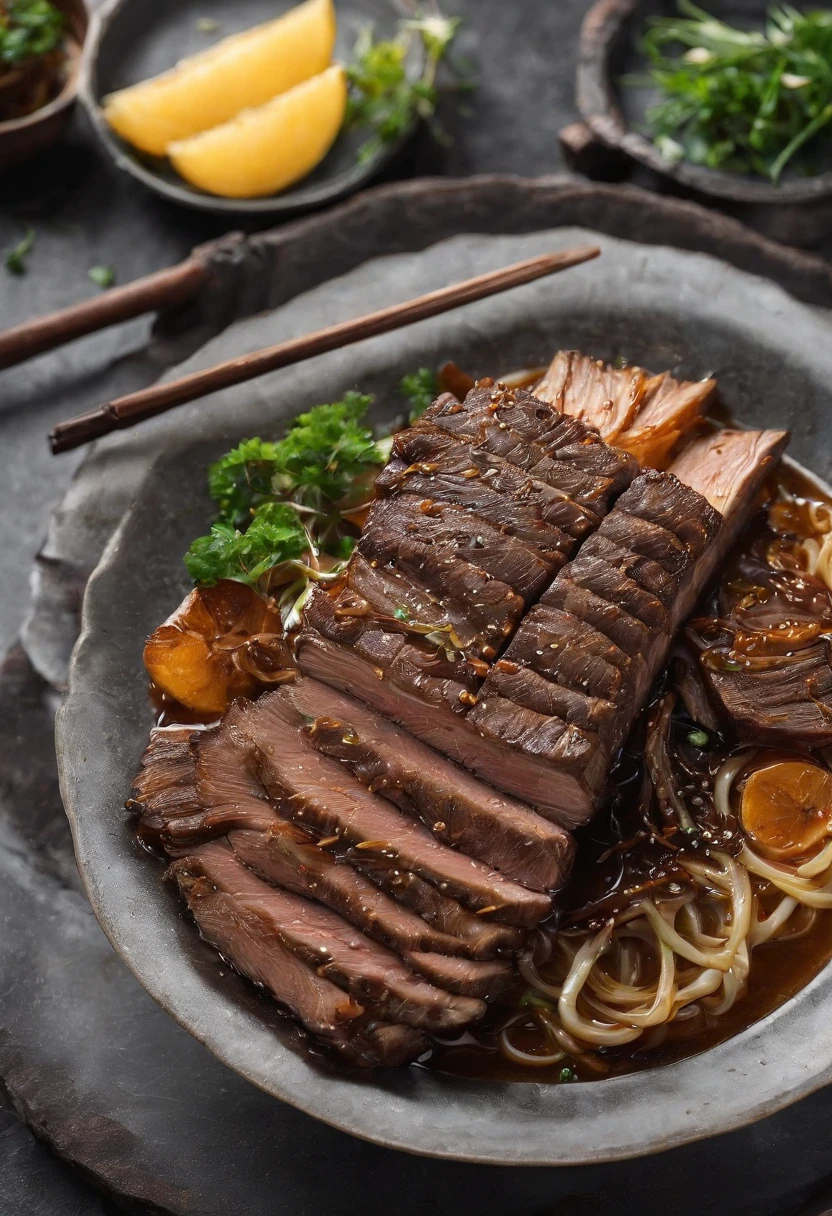 Steaming braised beef brisket noodles，cinematic ligh，professional photoshooting，studio lit，studio context，advertisement photography，Complicated details，Hyper-detailing，Ultra photo realsisim，8K  UHD