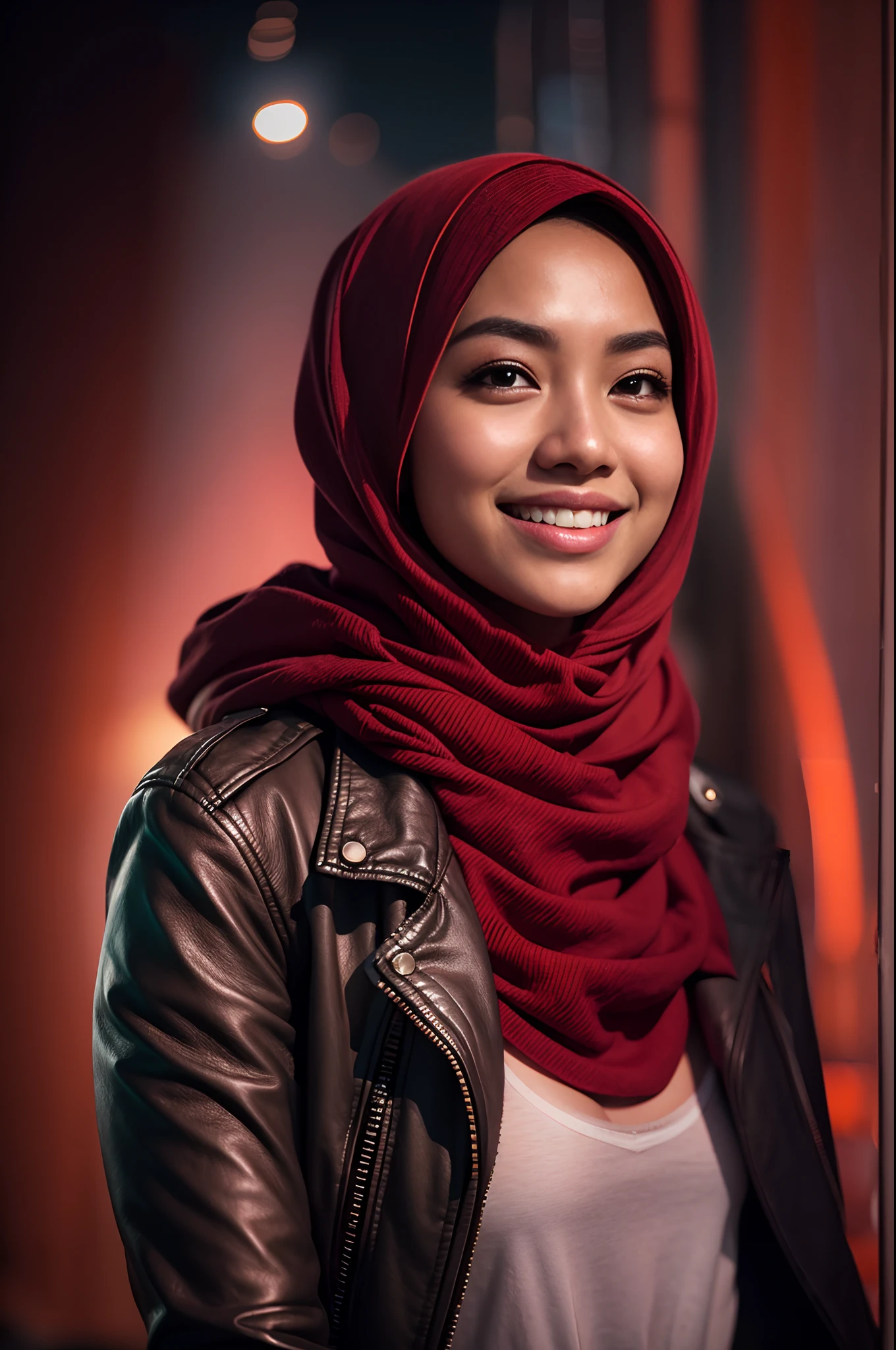 Portrait photography of a beautiful young malay girl in hijab wearing red tank top with leather jacket and white jeans watching a concert, nighttime, concert background, bright lighting, smile and happy gesture,